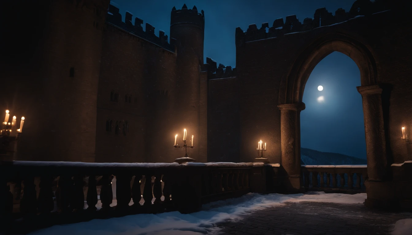medieval castle balcony, snow, midnight, moon rising, gothic, vampiric, winter, cinematic, 8k, scene from film (best quality, 8k, highres, masterpiece:1.2), ultra-detailed, realistic:1.37, HDR, studio lighting, vivid colors, bokeh, landscape, horror, photography, concept artists, dark color palette, dramatic lighting