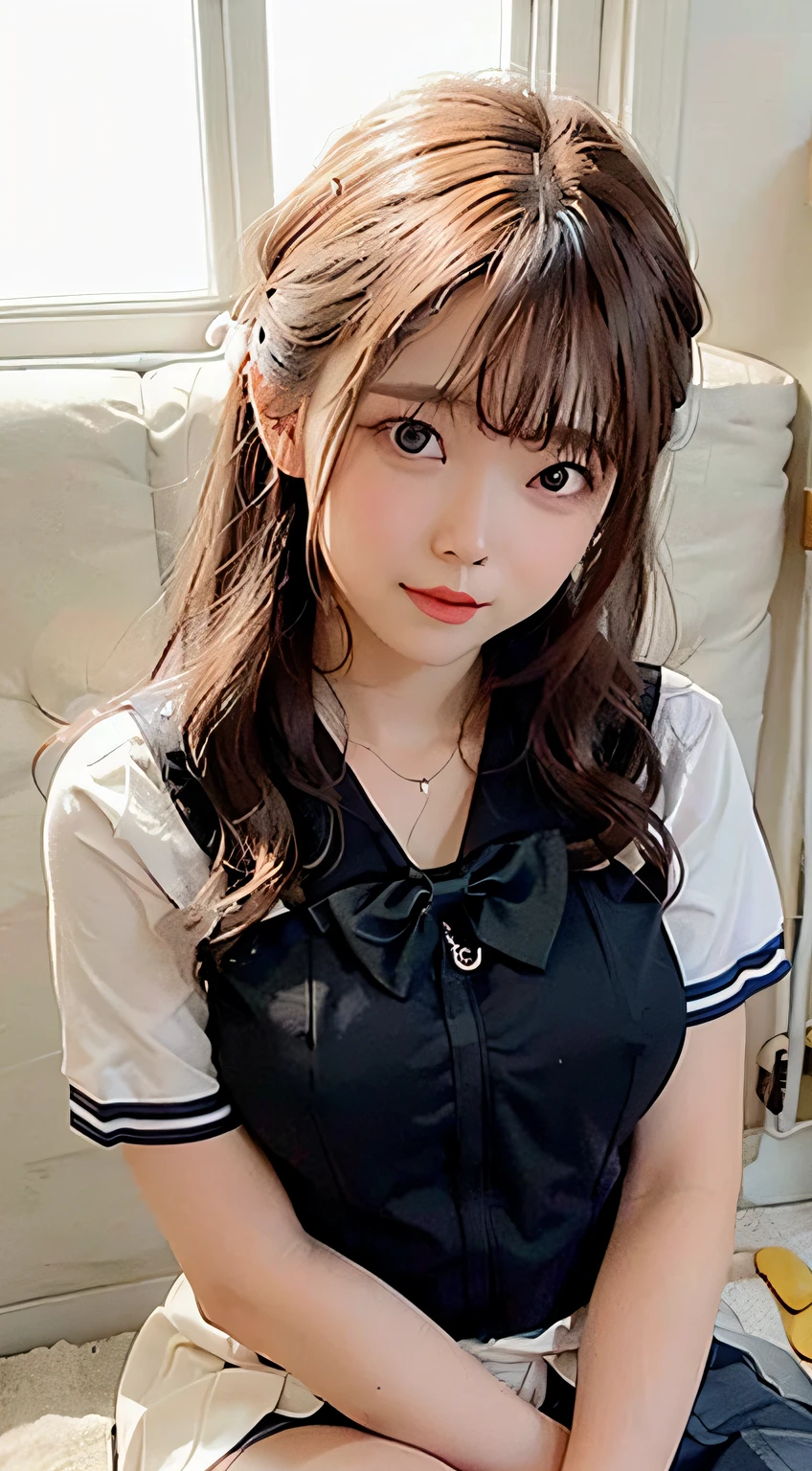 (masutepiece, Best Quality:1.2), From above, 8K, Official art, Raw photo, unbelievable Ridiculous, (Upper body, (Sailor Uniform), serafuku, Sitting:1.4), Beautiful Girl, Idol face, arching back down, Pleated skirt,large full breasts:1.5、 thighs thighs thighs thighs, close up, (School uniform), Short sleeve, gardenia, violaceaess, Teen, crass room, Looking at Viewer, No makeup, Film grain, chromatic abberation, Sharp Focus, face lights, Dynamic lighting, Cinematic lighting, Detailed face, Bokeh background, (Dark red bow tie:1.3)、botanical garden、