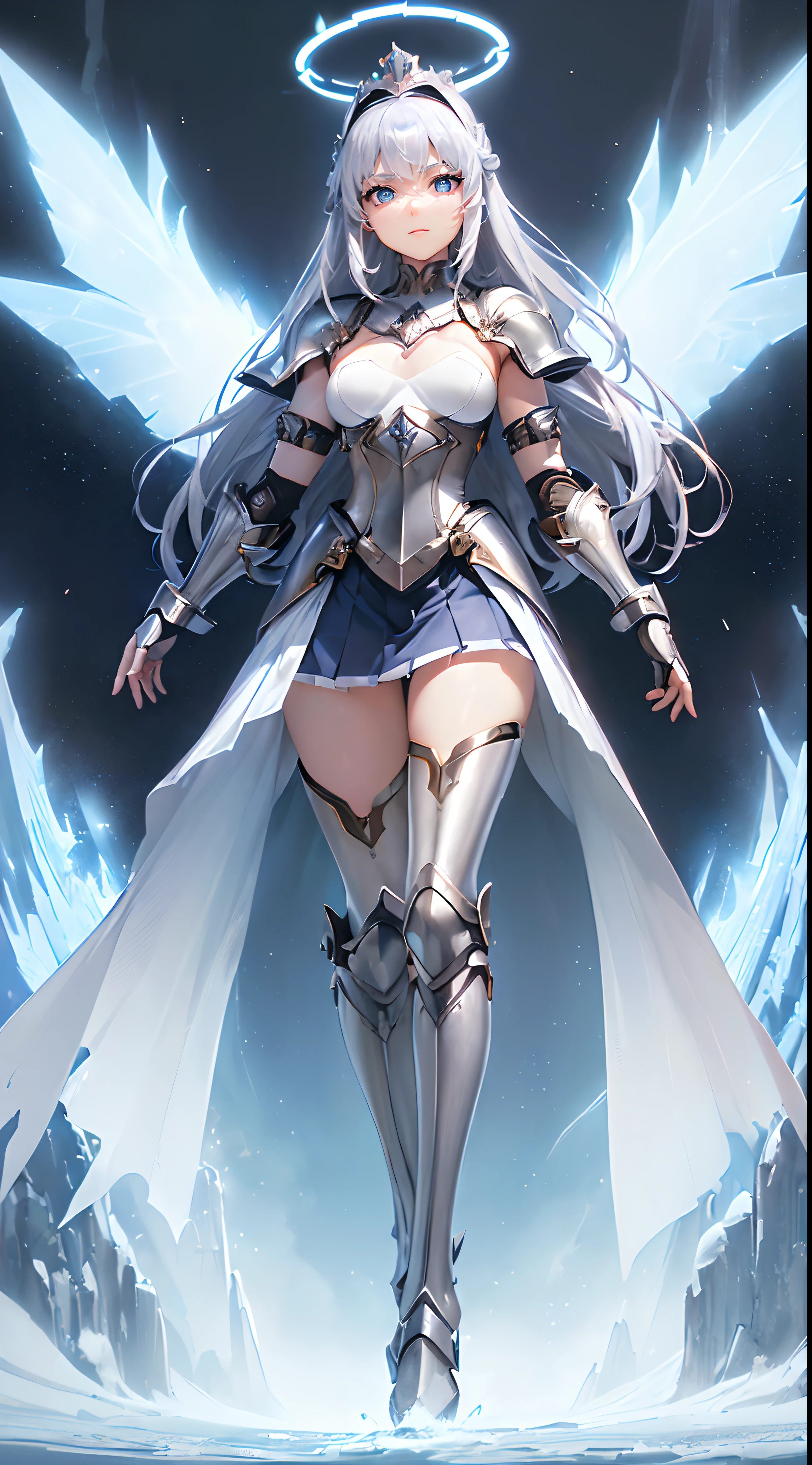 style of anime,Mecha Warlord type,(High-quality characters:1.2),(4K:1.2),(Best quality at best:1.2),(hight contrast:1.2),(the sideview:1.2),(All-round light:1.2),(Close-up close-up:1.3),(Sky city background:1.2),(The complexion is very fair:1.3),(Girl body type:1:2),(1个Giant Breast Girl:1.2),(Thin leg:1.2),(Small chest Thin waist:1.2),(Small breasts:1.3),(Raised :1:2),(Exquisite facial features:1.2),(Blue pupils:1.2),(Cool and beautiful makeup:1.2),(A radiant face:1.2),(sophisticated haircut:1.2),(Pale yellow waist-length hair:1.2),(Shape-shaping textured armor armor:1.3),(Pleated battle skirt:1.3),(White textured over-the-knee heeled boots 1.3),(A long blade of ice hanging from the waist:1.2),(Long gloves in silver steel texture:1.2),(Patterned gloves and waist-length stockings:1.3),(Silver striped wrist and elbow armor and waist armor and shin and knee armor:1.2),(Crown of ice on the head and halo of fire:1.2),(White transparent shoulder armor and battle robe:1.2),(Light wings on the back:1.2),(smiling expression:1.2),(The face is slightly red:1.2),(Open legs 1.3),