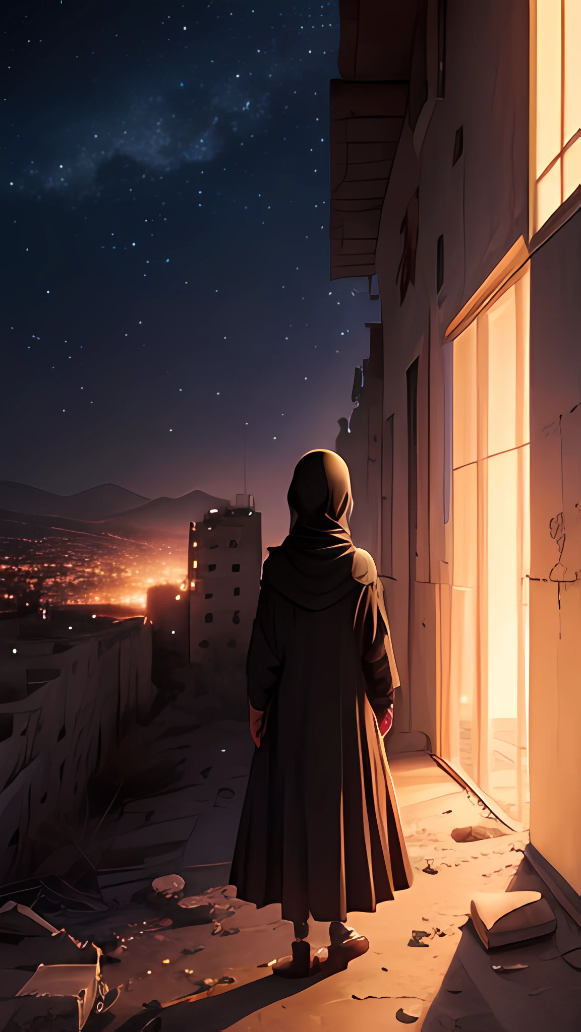 Illustrate the resilience of Palestinian hijab children amidst the ruins of their city, with the Palestinian flag billowing in the starry night sky in a Makoto Shinkai-inspired masterpiece