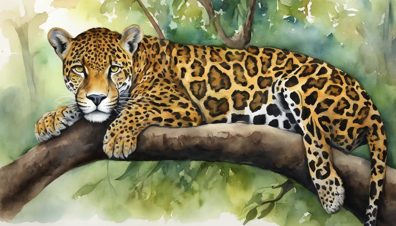 Jaguar on top of a tree, Pintura, aquarela paiting, Design amorfo, Surrealista,Jaguar; aquarela paiting; Felino,Jaguar in the jungle of the American Amazon,