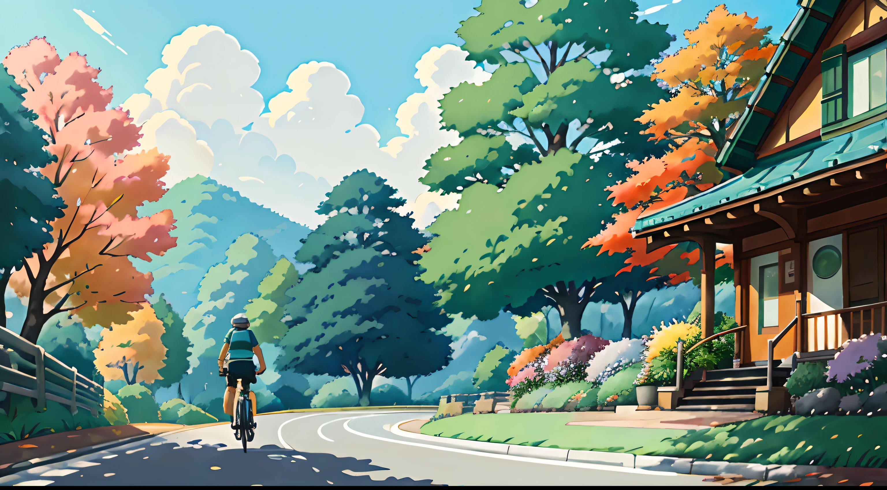 (cycliste seul: 1.5), (Realistic bike: 1.5), (realistic cyclist: 1.5), Plan en gros plan, Le meilleur des meilleurs, automne, Orange leaves, Feuilles qui tombent, Landscaped background, ombres, contraste, Makoto Shinkai (beste-Qualit:1.3), (high resolucion:1) Art par Studio Ghibli Style, impressionnisme, couleurs vibrantes