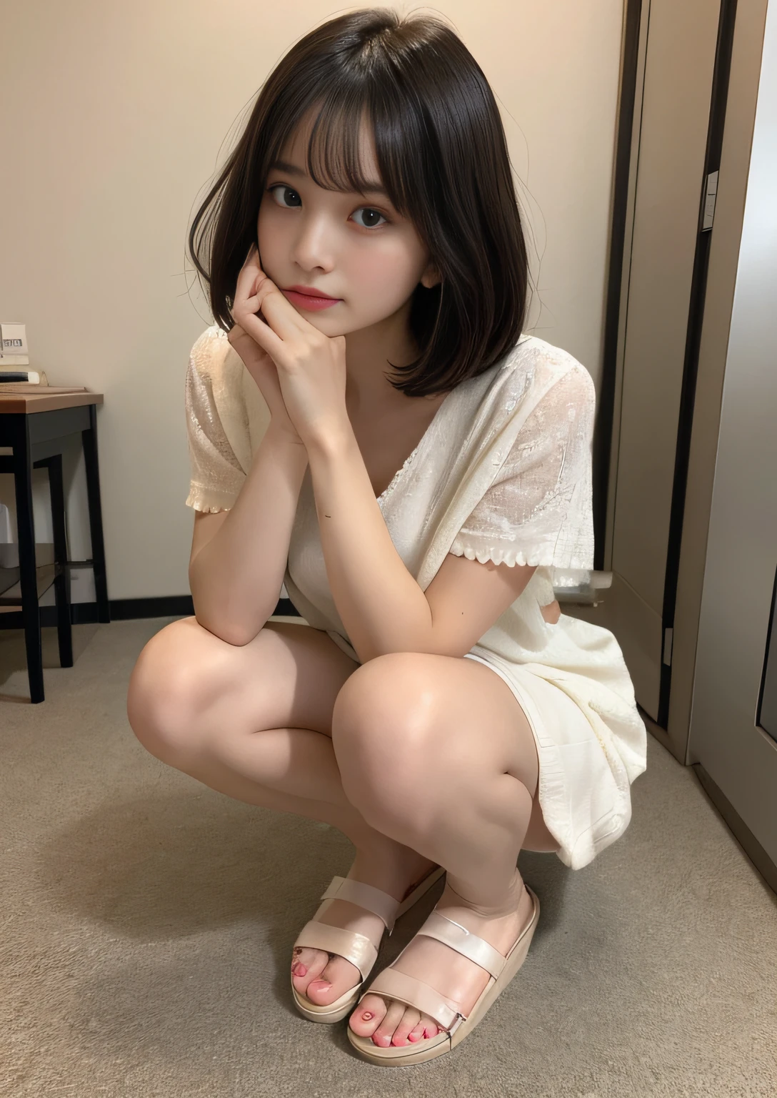finely detail, hight resolution, hightquality、Perfect dynamic composition, Beautiful detailed eyes, Bob Layer Cut、all-fours、Natural Color Lip, Squatting,Kamimei、28 year old、1 persons、Transparent skin、Glowing hair、kitchin、inside in room、frontage、Fashionable clothes、Shibuya、Gelato Pique、room wear、shortpants、beauty legs、bare-legged、Indoor slippers、Shake your head、