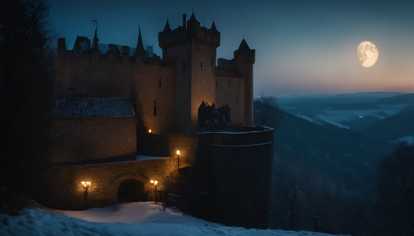 medieval castle balcony, snow, midnight, moon rising, gothic, vampiric, winter, cinematic, 8k, scene from film (best quality, 8k, highres, masterpiece:1.2), ultra-detailed, realistic:1.37, HDR, studio lighting, vivid colors, bokeh, landscape, horror, photography, concept artists, dark color palette, dramatic lighting