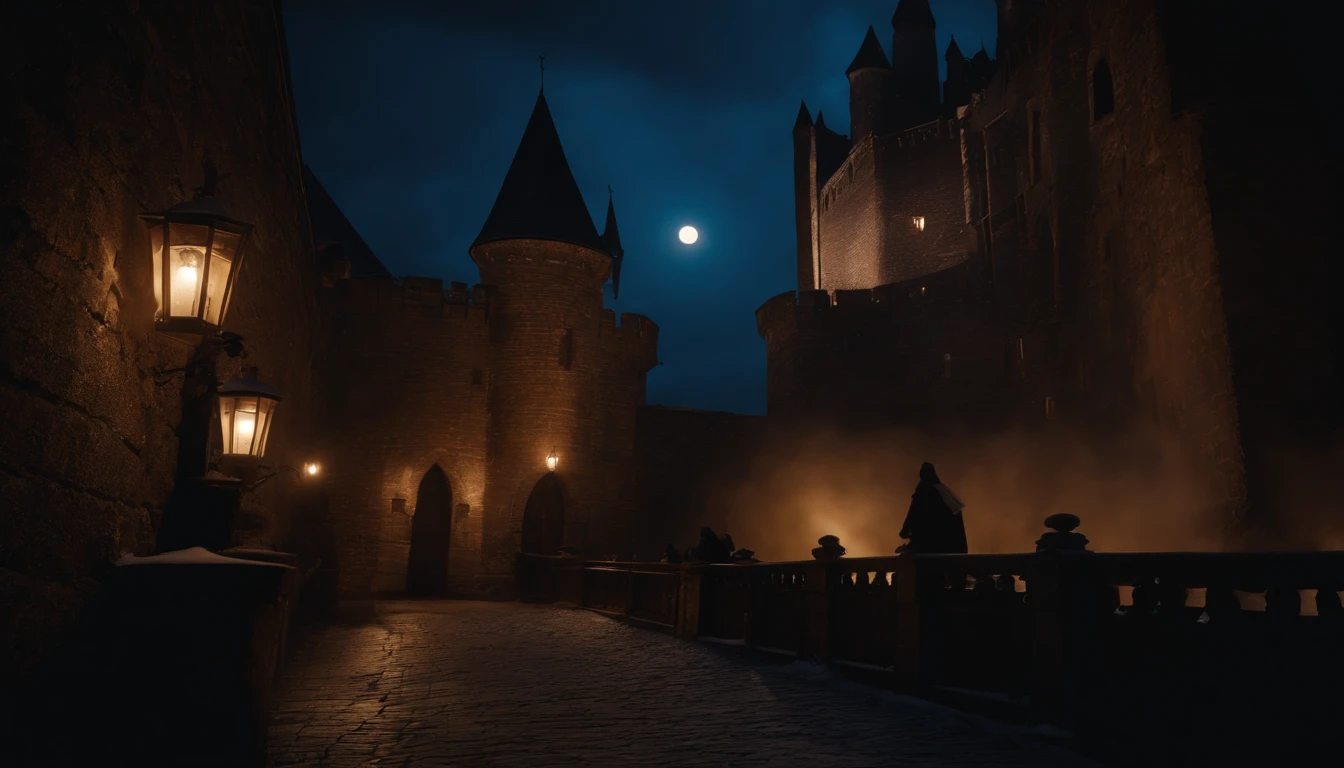 medieval castle balcony, snow, midnight, moon rising, gothic, vampiric, winter, cinematic, 8k, scene from film (best quality, 8k, highres, masterpiece:1.2), ultra-detailed, realistic:1.37, HDR, studio lighting, vivid colors, bokeh, landscape, horror, photography, concept artists, dark color palette, dramatic lighting