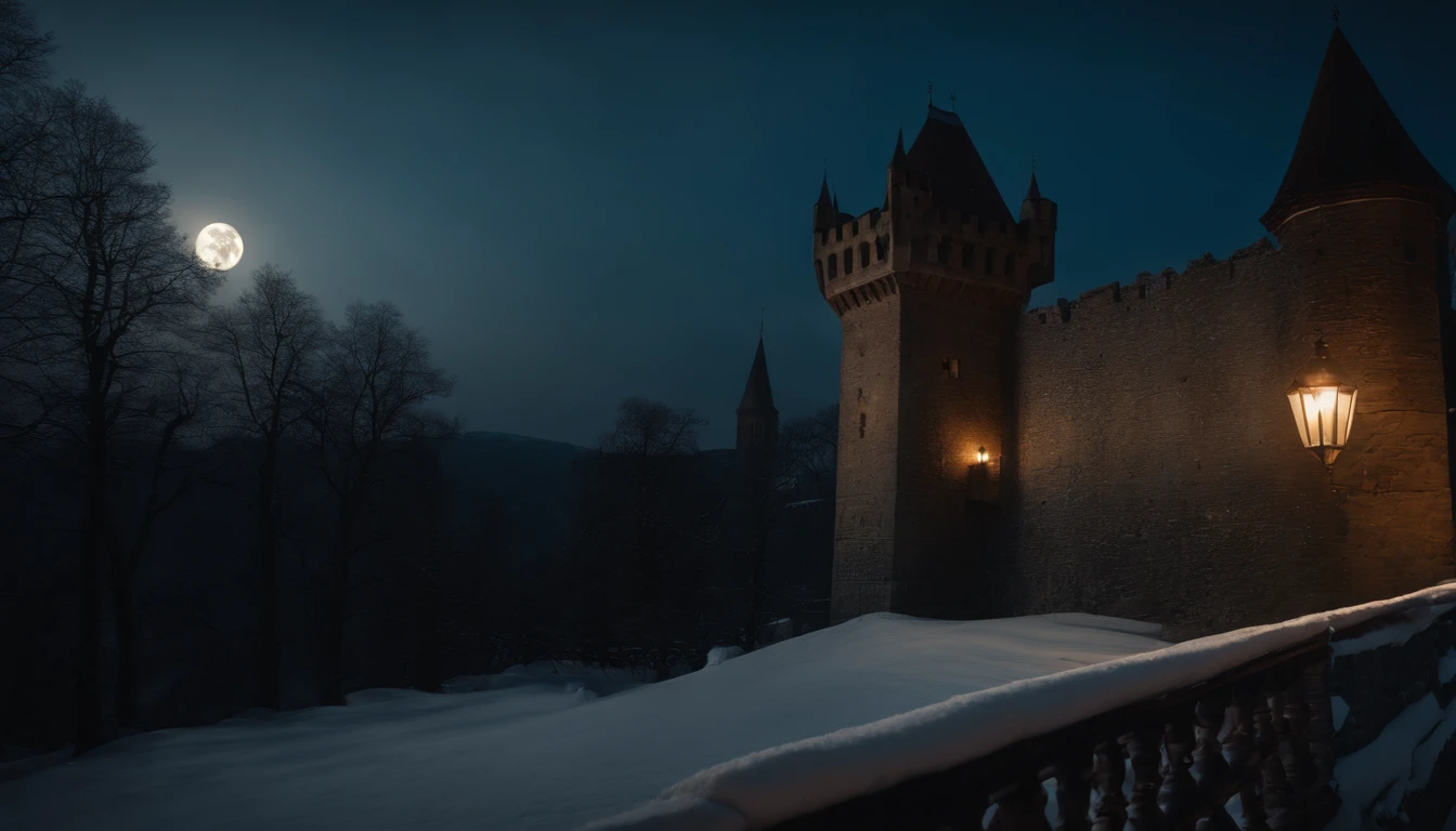 medieval castle balcony, snow, midnight, moon rising, gothic, vampiric, winter, cinematic, 8k, scene from film (best quality, 8k, highres, masterpiece:1.2), ultra-detailed, realistic:1.37, HDR, studio lighting, vivid colors, bokeh, landscape, horror, photography, concept artists, dark color palette, dramatic lighting