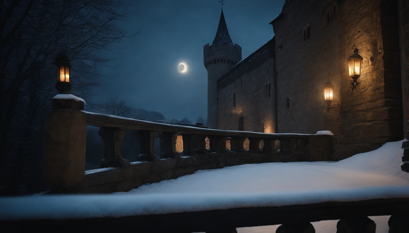 medieval castle balcony, snow, midnight, moon rising, gothic, vampiric, winter, cinematic, 8k, scene from film (best quality, 8k, highres, masterpiece:1.2), ultra-detailed, realistic:1.37, HDR, studio lighting, vivid colors, bokeh, landscape, horror, photography, concept artists, dark color palette, dramatic lighting