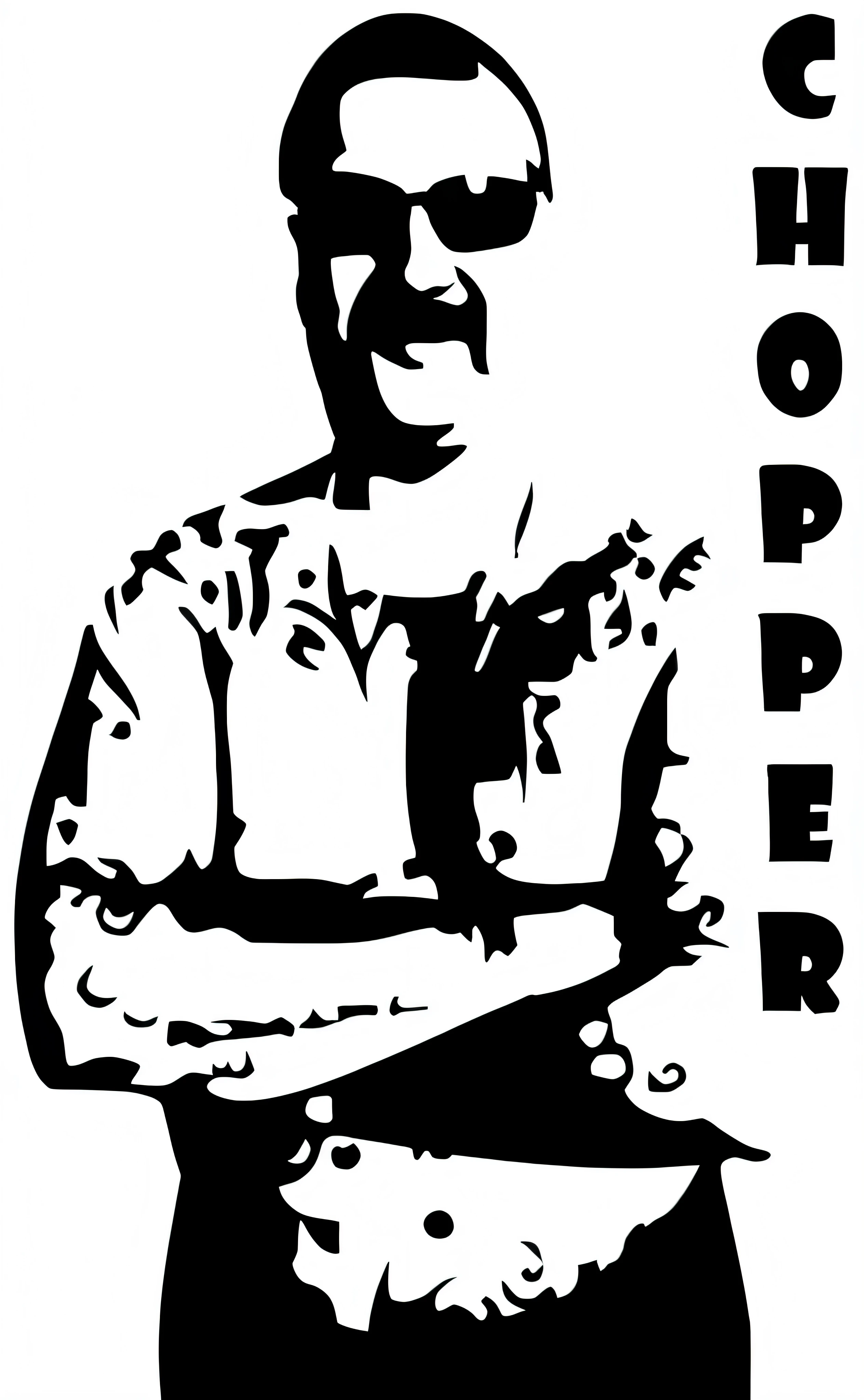 Black vinyl decal sticker, a close up of chopper (Mark Brandon Read), upper body portrait, upper half portrait, hyper contrast well drawn, !!! very coherent!!! vector art