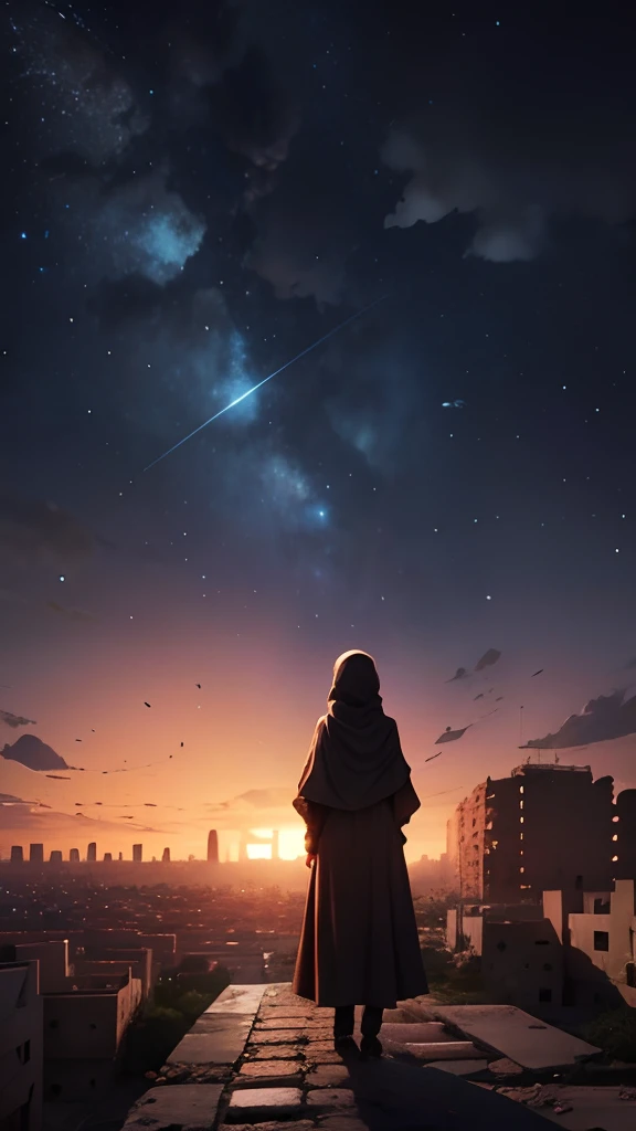 Illustrate the resilience of Palestinian hijab children amidst the ruins of their city, with the Palestinian flag billowing in the starry night sky in a Makoto Shinkai-inspired masterpiece, al aqsha mosque