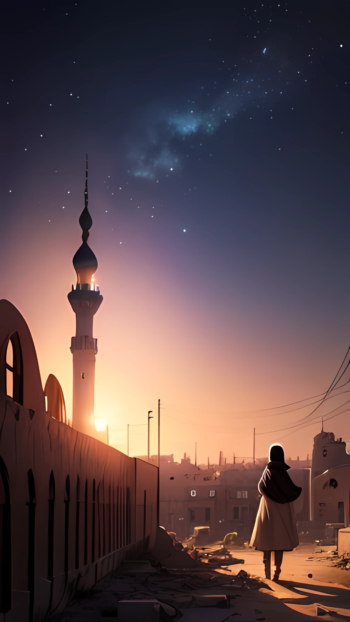 Illustrate the resilience of Palestinian hijab children amidst the ruins of their city, with the Palestinian flag billowing in the starry night sky in a Makoto Shinkai-inspired masterpiece, al aqsha mosque