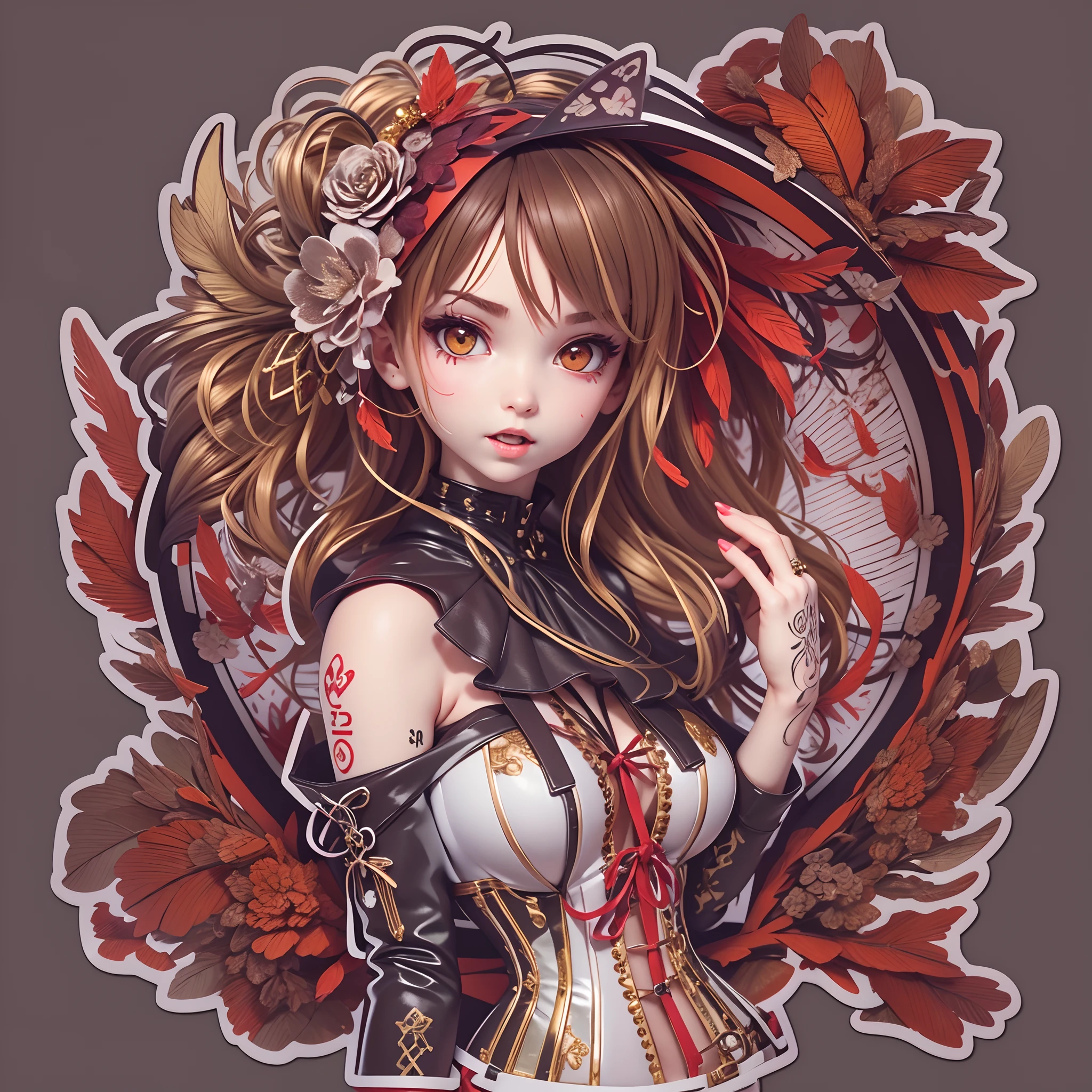 ((Sticker,))(3D anime gothic girl),Tattooed with,Wear a stud PVC corset,red colour,There are feathers on the shoulders, wind coat,joyful expressions,((in circle)), ((White background)), ((Gold border)),Simple, Ultra detailed, Detailed drawing, vectorised, 8K, professional sticker design, Flat design, Vector lines, Sticker, Drawing, Drawing, Full-HD
