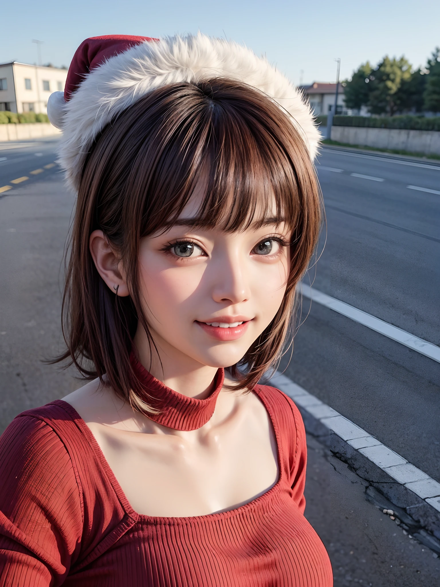 (masutepiece, top-quality、Very attractive adult beauty、Add intense highlights to the eyes、Look firmly at the camera、Beautiful woman full of adult charm),1girl in, 独奏, Light brown shiny hair, muffler,Santa Claus hat,realisitic, looking at the viewers, Bright colored crystal light blue eyes, short shiny hair, Santa Claus Color Star Neck Knit、 Santa Claus costume with turtleneck with a hole in the center of the chest,Sexy white turtleneck red knit sweater with round hole in the center of chest、 s lips, lipgloss,bangss, The upper part of the body、big eye、Lashes、The face is a little red、Embarrassing)、((Road system in Italy in winter))、((Shorthair with bangs、big eye、Put very strong highlights in your students、{Gigantic|Big|Huge|Mega} breasts、very Bigger breasts、gazing at viewer、Very beautiful beauty、Put your ears out、long neck、little smiling、Beautiful teeth、Open your mouth and smile))、28 year old、Very cute supermodel、