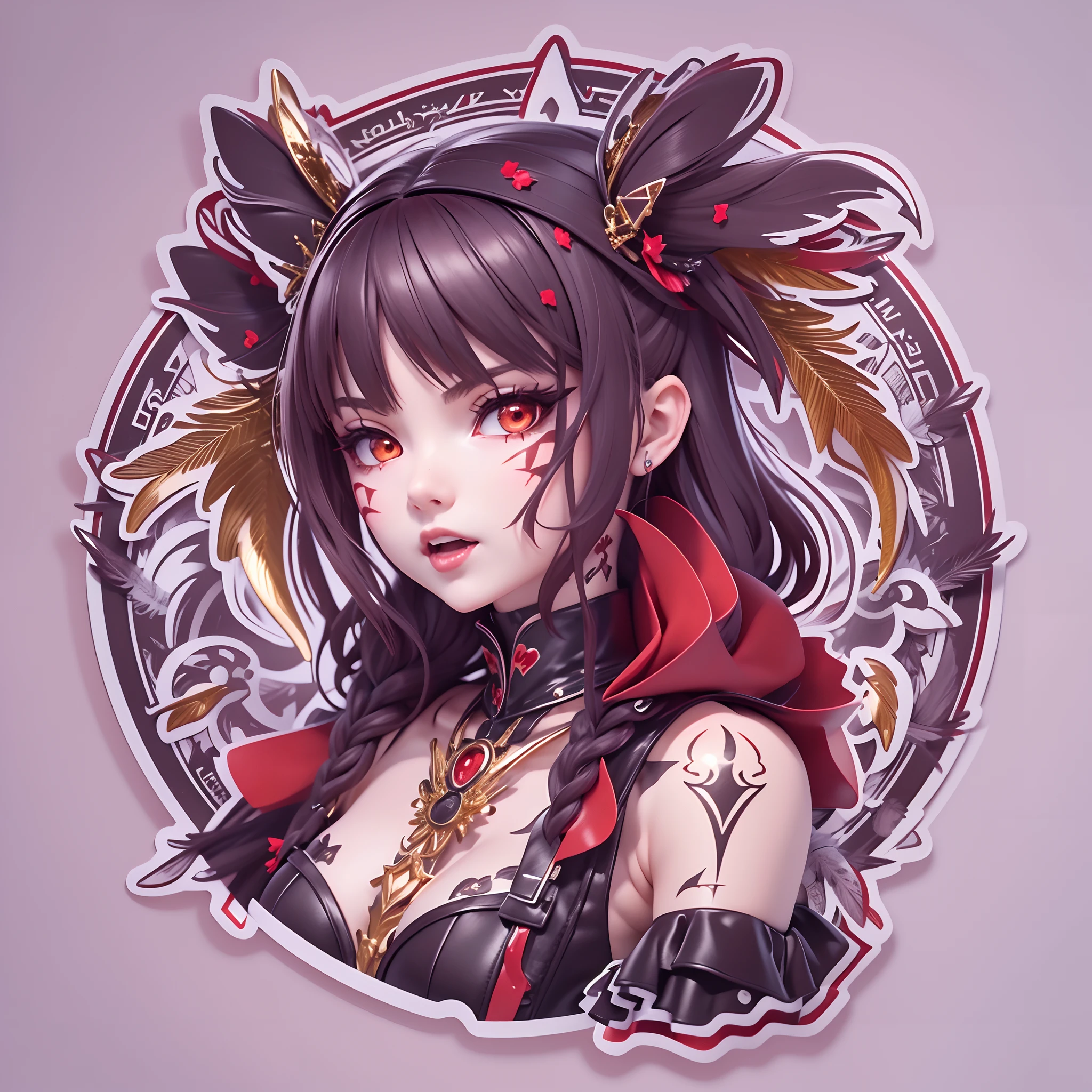 ((Sticker,))(3D anime gothic girl),Tattooed with,Wear a stud PVC corset,red colour,There are feathers on the shoulders, wind coat,joyful expressions,((in circle)), ((White background)), ((Gold border)),Simple, Ultra detailed, Detailed drawing, vectorised, 8K, professional sticker design, Flat design, Vector lines, Sticker, Drawing, Drawing, Full-HD