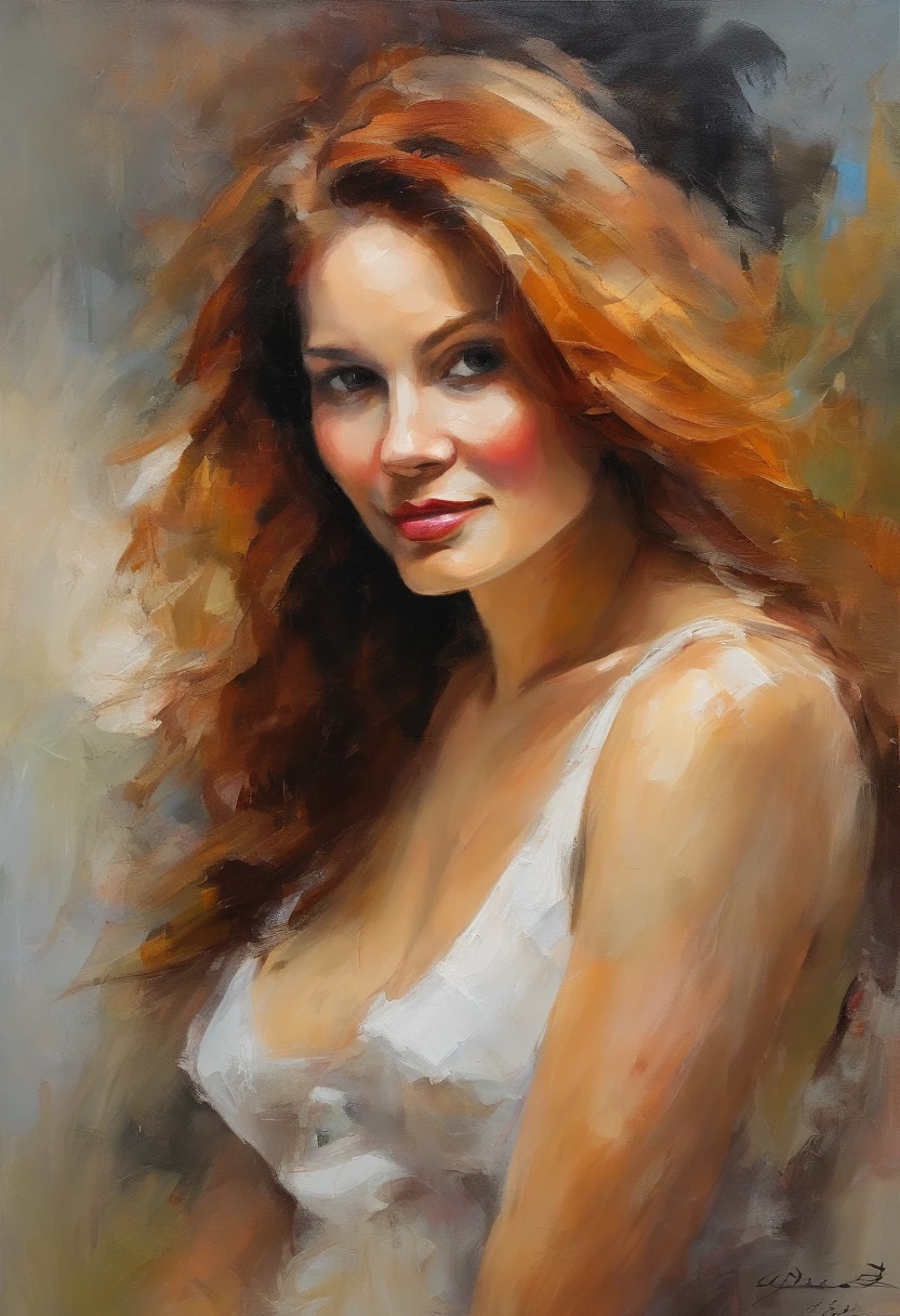 Nude Female portrait, very beautiful woman, long auburn hair, smiling eyes, looking right at the point of view, white see through shirt, cleavage, erect breast ,acrylic painting, bold and expressive brushwork with thick textured paint, impressionistic style, very fine detailed face, epic background, background frames the woman on top and sides, expert lighting and shadows, fine art painting, Junyi Liu.