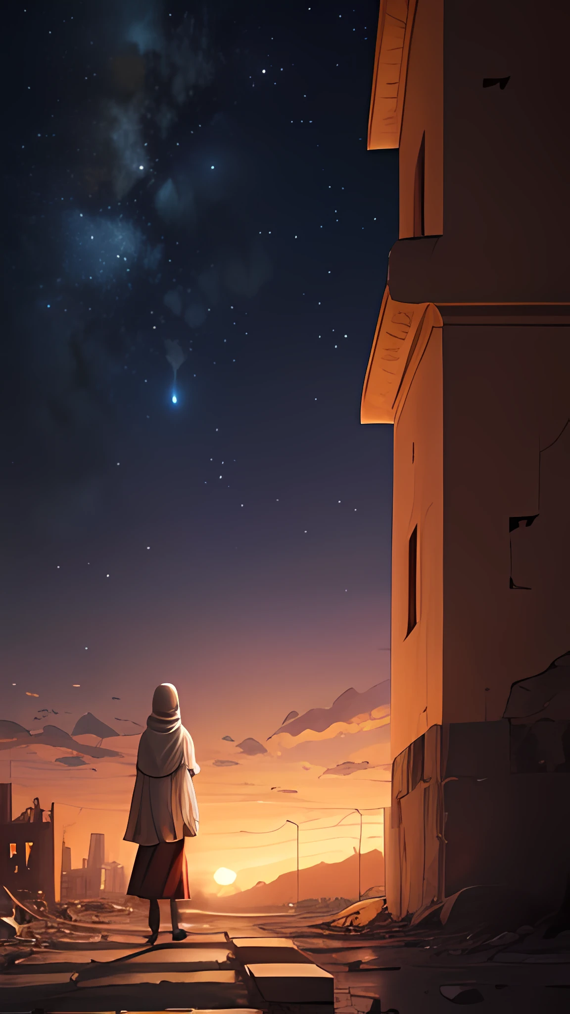 Illustrate the resilience of Palestinian hijab children amidst the ruins of their city, with the Palestinian flag billowing in the starry night sky in a Makoto Shinkai-inspired masterpiece, al aqsha mosque