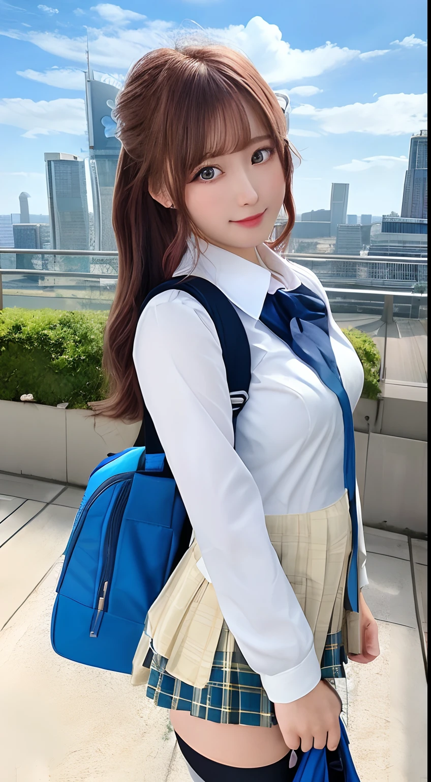 masterpiece, best quality, impressonism,1girl, solo,cyber suit school uniform,smile,blue sky,mecha school bag,future city,magnificent view,fling car,monorail,dynamic angle, dutch angle,portcity,in street,{{masterpiece}}, {{best quality}}, {{ultra-detailed}}, {{disheveled hair}},{extr covered cityemely detailed CG unity 8k wallpaper},{{{game character cg SSR}}}