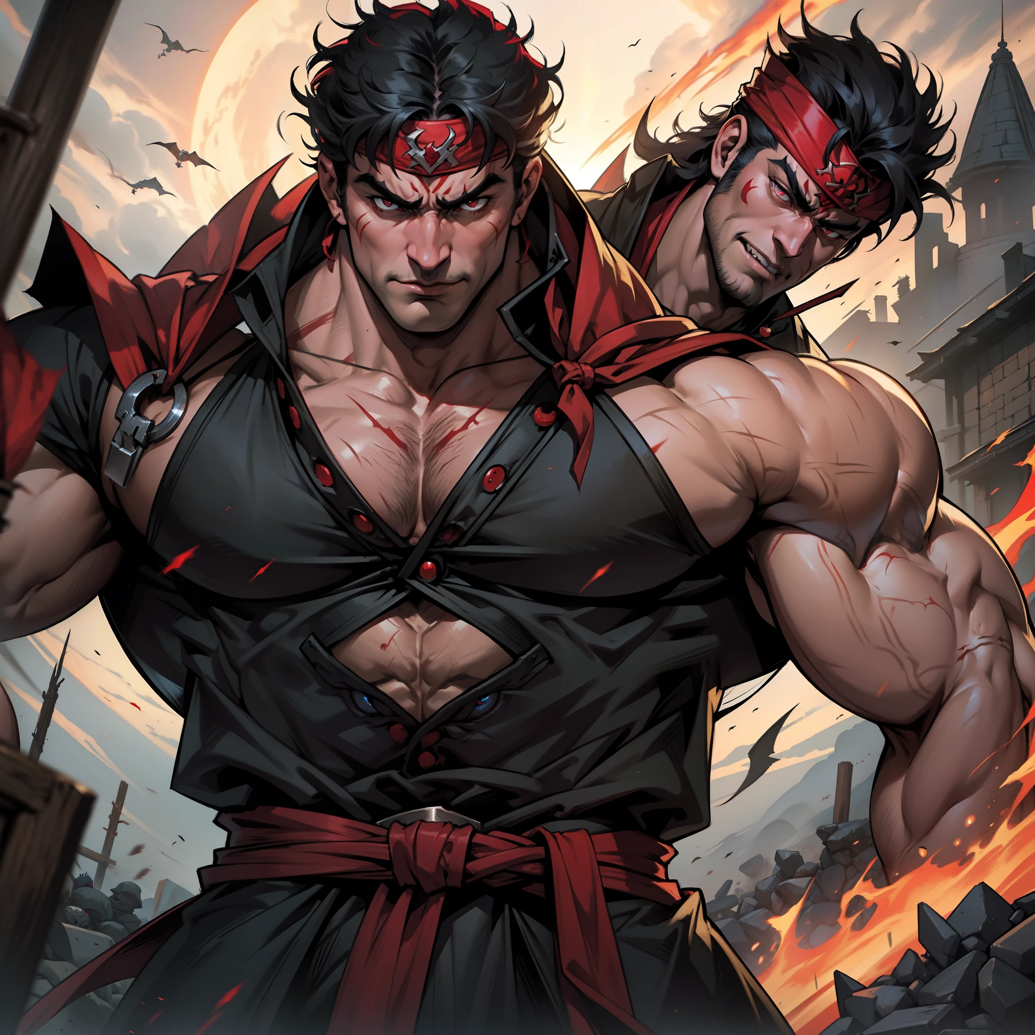 Lord Dracula with Red Turban Scary Face Hokuto No Ken Structure Muscular Face Kenshiro Lead Troops Demon Army to Fight Sharp Details Cinematic Scenes Epic Movie Hyper Realistic Movie Legendary Movie Epic Movie Epic Movie Epic Movie Epic Movie Epi Movie