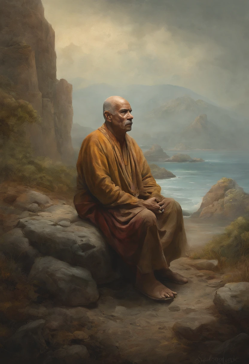 homem maduro, sitting in a meditation position, only portrait, watercolor, diante de um orisonte lindo, com o sol se pondo, in connection with the divine, foto de retrato, Directed by: Drew Tucker, Directed by: Adam Marczyński, Directed by: Alexander Kucharsky, Directed by: Gavin Nolan, Surrealismo 8K, Directed by: Jason Felix, Yuri Shwedoff e Tom Bagshaw, arte ilustrativa, Estilo Erik Johansson