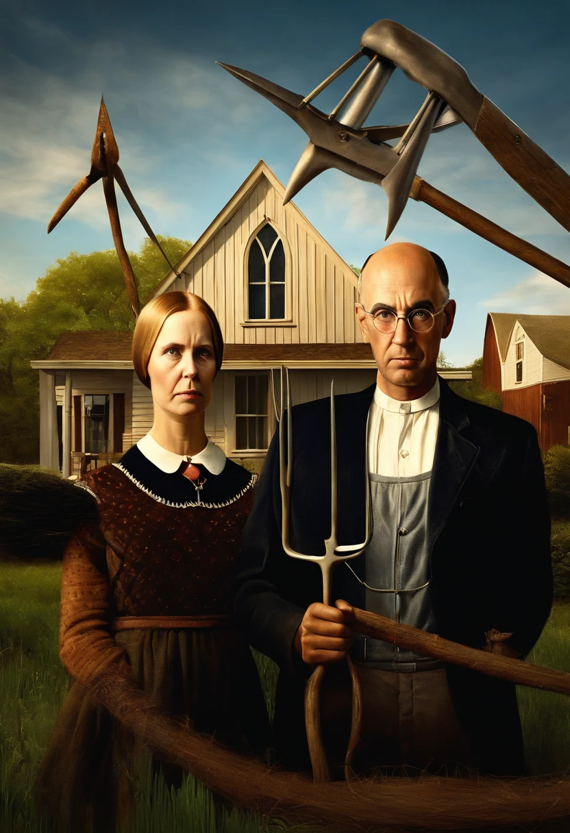 Photorealistic image of a man and a woman holding a pitchfork in front of a house, American Gothic Style, inspired by Grant Wood,