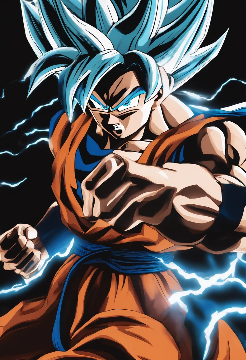 pop art picture,Martal Artist,Asian features, Ultra Instinct Goku, DragonBall Super , Ki Bender, Super Saiyan Aura, artwork, flying eletricty, white hair, Neon Blue RGB light, Blue led light, Super saiyan god,breath taking, sharp lense, professional photographie, 70mm lense, detail love, good quality, unreal engine 5, wallpaper, colerful, highly detailed, 8k, soft light, photo realistic