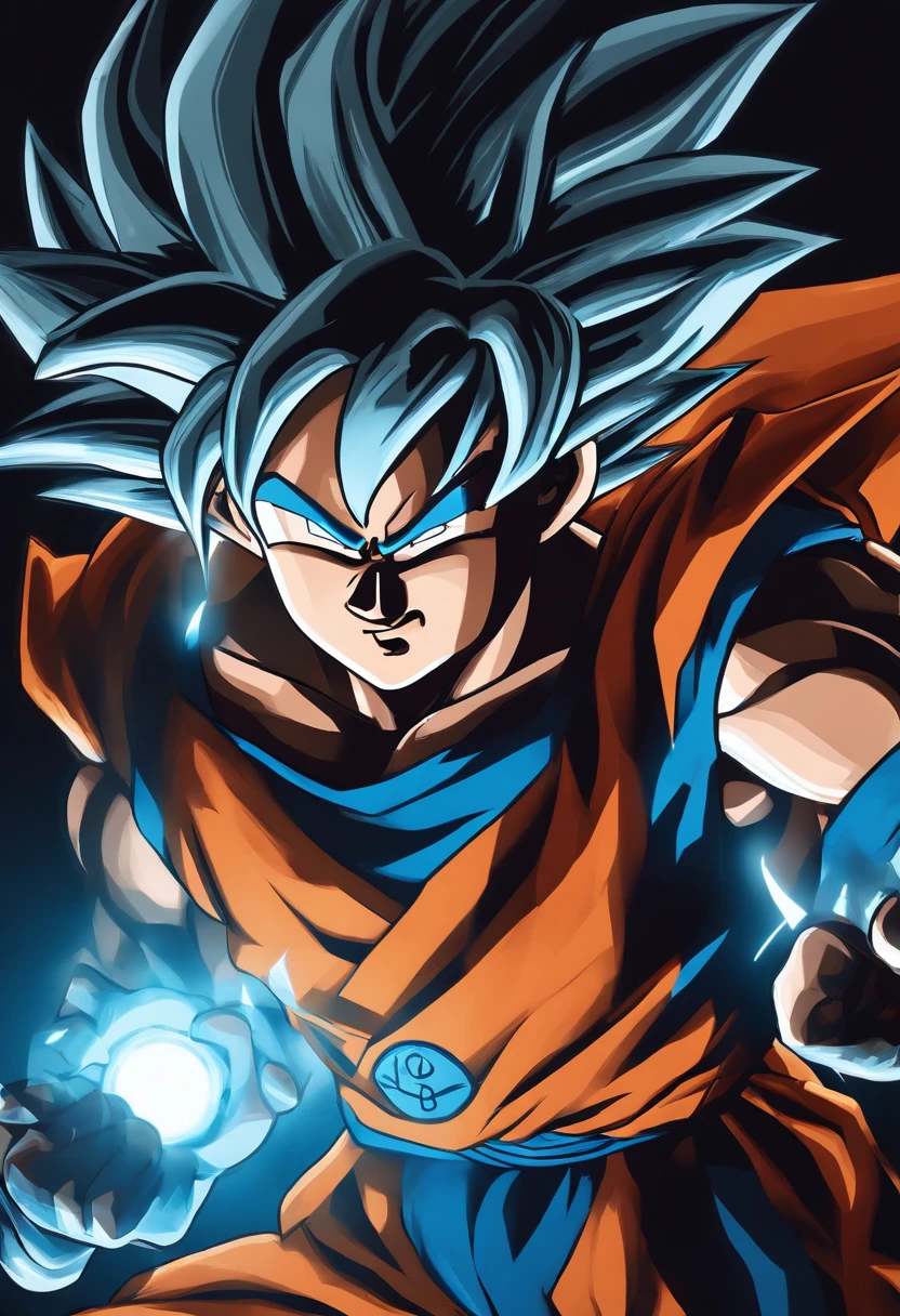 pop art picture,Martal Artist,Asian features, Ultra Instinct Goku, DragonBall Super , Ki Bender, Super Saiyan Aura, artwork, flying eletricty, white hair, Neon Blue RGB light, Blue led light, Super saiyan god,breath taking, sharp lense, professional photographie, 70mm lense, detail love, good quality, unreal engine 5, wallpaper, colerful, highly detailed, 8k, soft light, photo realistic