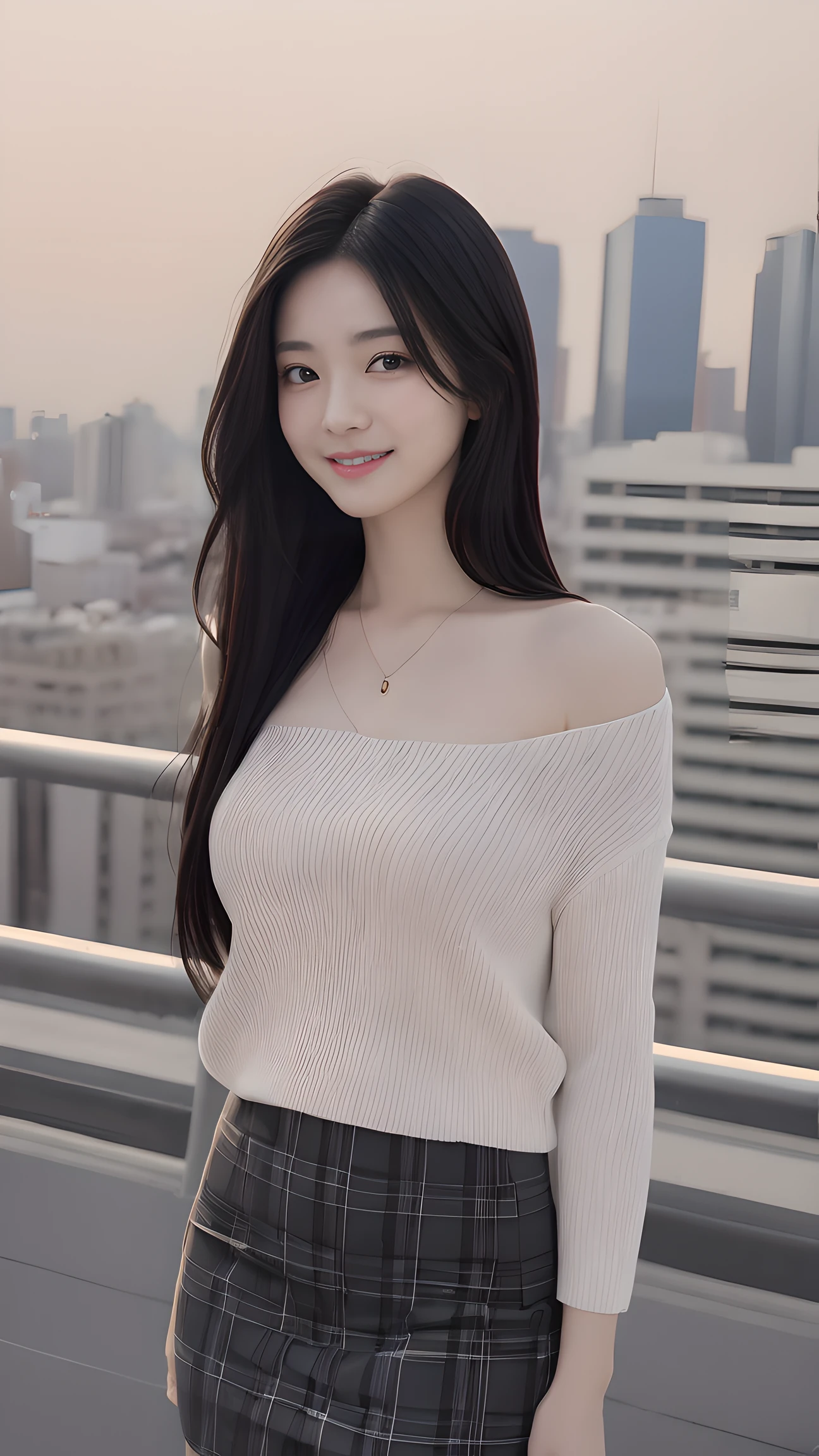 , long windblown [blue-black:.3] hair,looking at viewer, (masterpiece:1.3), (8k, photorealistic, RAW photo, best quality: 1.4), japanese, (1girl), beautiful face, (realistic face), (black hair, medium hair:1.3), beautiful hairstyle, realistic eyes, beautiful detailed eyes, (realistic skin), beautiful skin, attractive, ultra high res, ultra realistic, highly detailed, golden ratio, blue fluffy loose sweater and black plaid skirt, long sleeve one-shoulder sweater, standing, front view, open stance, model posing, upper body, sagging breasts, happy smile, night rooftop, city view, ultra detailed, hyper sharp, sharp focus, K-pop idol, J-pop idol,