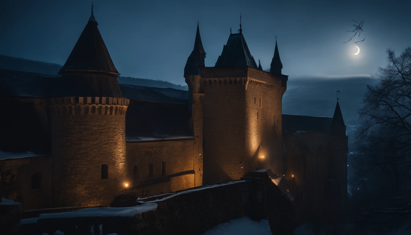 medieval hungarian castle balcony, snow, midnight, moon rising, gothic, vampiric, winter, cinematic, 8k, scene from film (best quality, 8k, highres, masterpiece:1.2), ultra-detailed, realistic:1.37, HDR, studio lighting, vivid colors, bokeh, landscape, horror, photography, concept artists, dark color palette, dramatic lighting