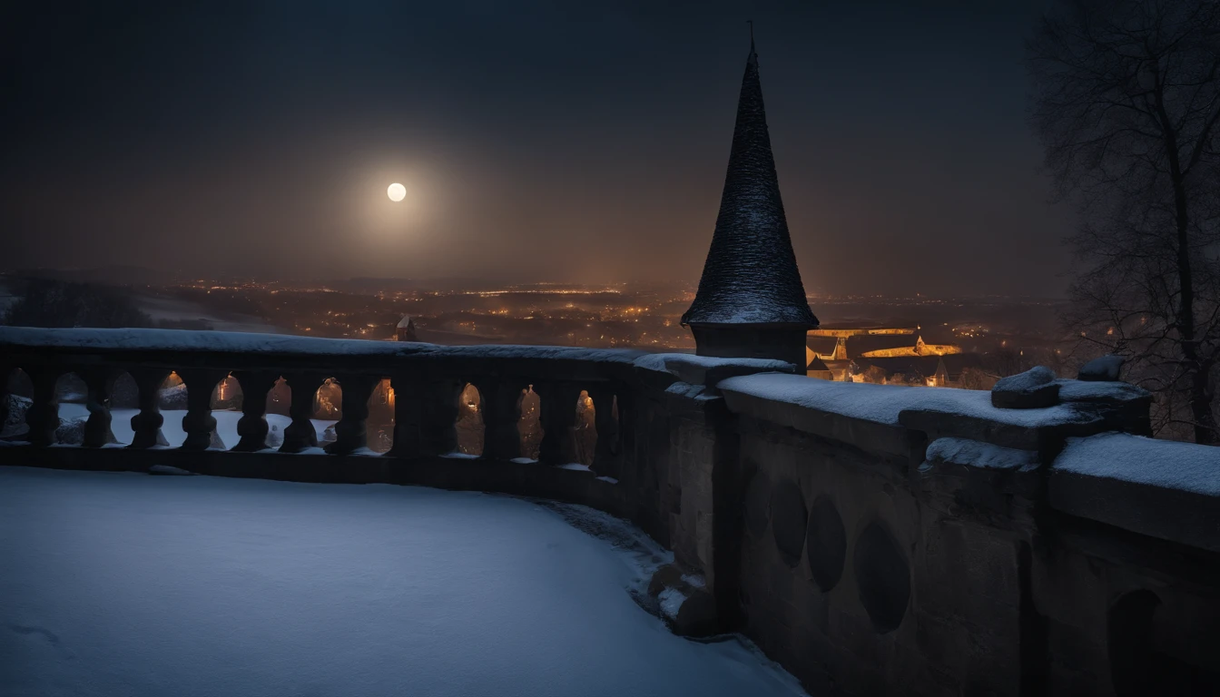 medieval hungarian castle balcony, snow, midnight, moon rising, gothic, vampiric, winter, cinematic, 8k, scene from film (best quality, 8k, highres, masterpiece:1.2), ultra-detailed, realistic:1.37, HDR, studio lighting, vivid colors, bokeh, landscape, horror, photography, concept artists, dark color palette, dramatic lighting