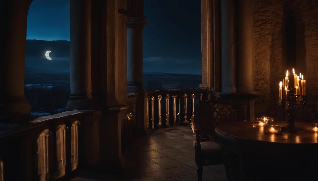 medieval hungarian castle balcony, snow, midnight, moon rising, gothic, vampiric, winter, cinematic, 8k, scene from film (best quality, 8k, highres, masterpiece:1.2), ultra-detailed, realistic:1.37, HDR, studio lighting, vivid colors, bokeh, landscape, horror, photography, concept artists, dark color palette, dramatic lighting