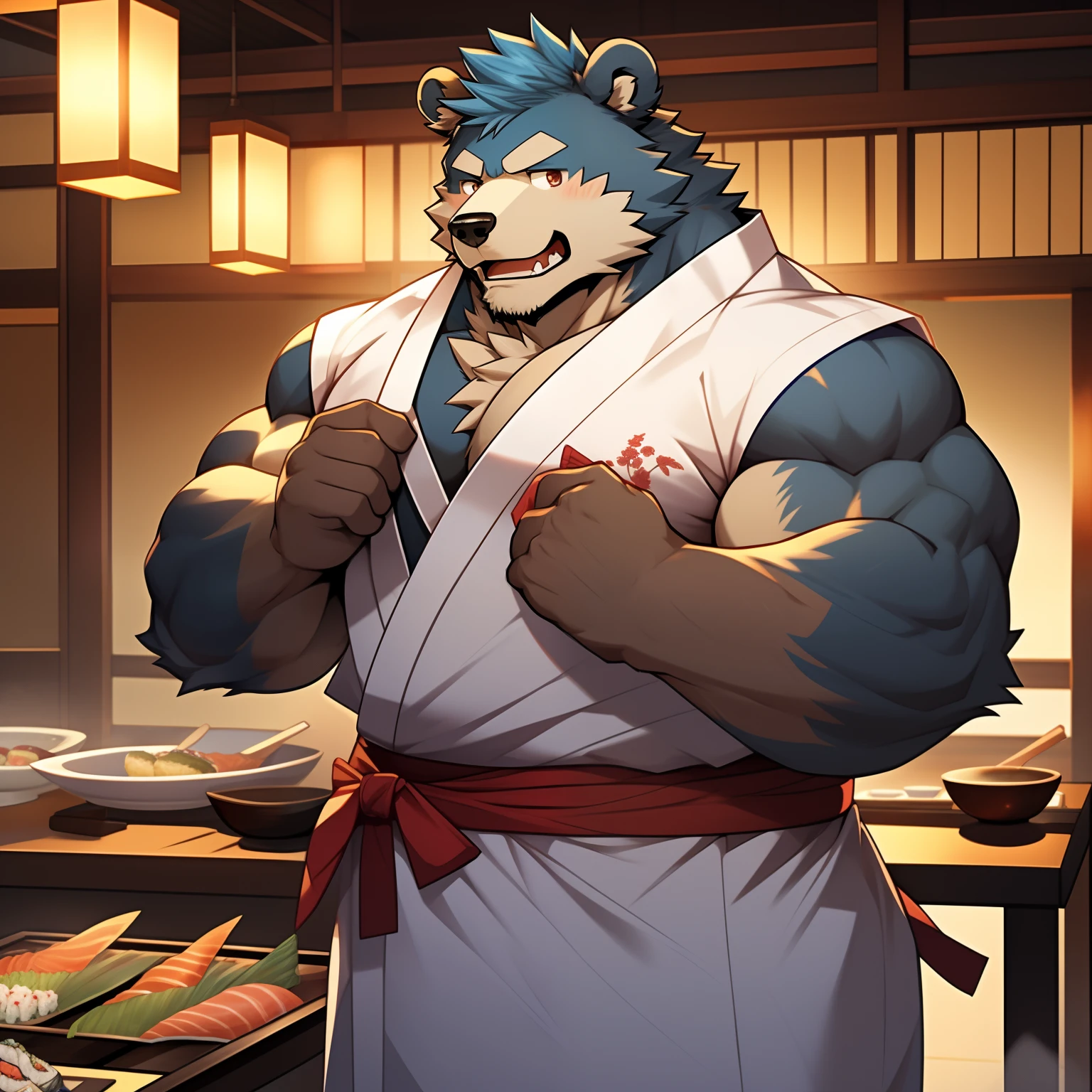 mtu,Bear with blue hair,Anthropomorphic bear,Well-developed muscles,Bare pectoral muscles,Yukata dress,Open top,Japanese chef,Indecent expressions,Indecent pose,Make sushi at a Japanese restaurant,The background is rich in detail,High- sharpness,high detal,tmasterpiece