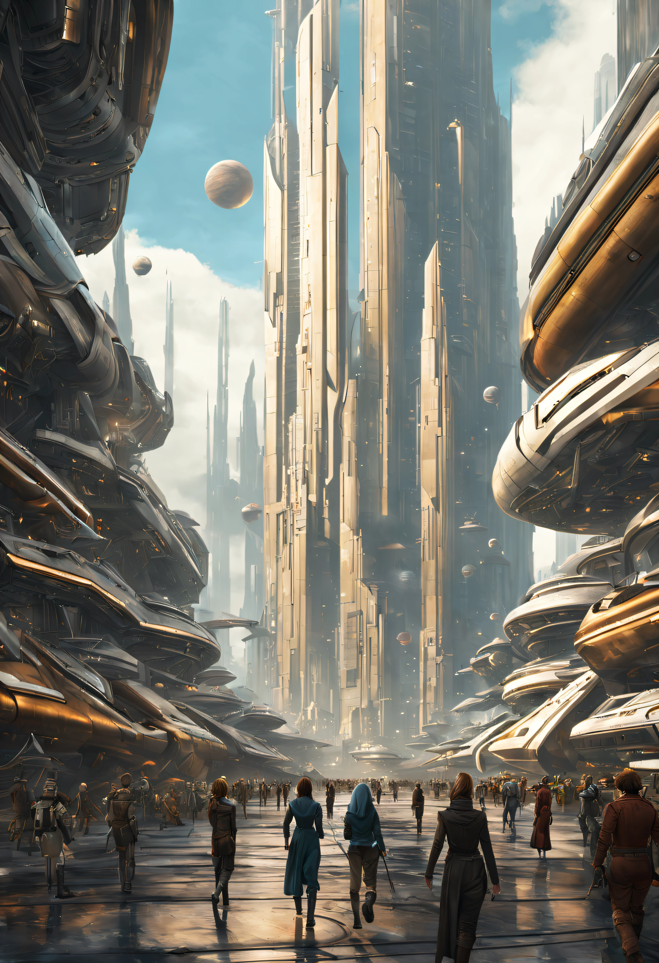 On an unknown planet there is a futuristic city with immense buildings of technological design que forman una infinita avenida, con estructuras acristaladas en plata, oro y bronce espectaculares en la que sobrevive un robot femenino espectacular. con colores vivos. pavimento ensolado. gente paseando. cierto aire a coruscant. imagen bien definida.