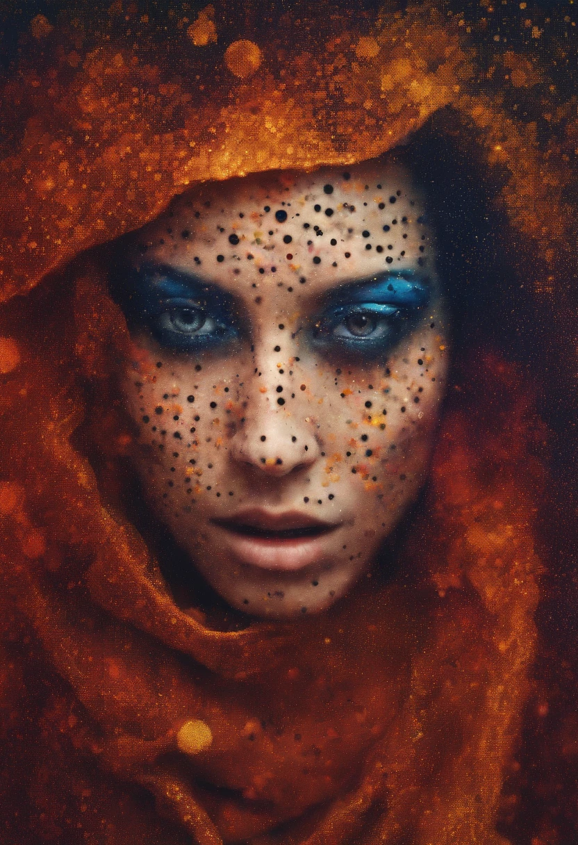 Absurd, High resolution, Ultra-detailed, (Devilish Woman:1. 2), Dot Painting Technique, Dotted shadow, Intricate details, Small dots, Texture Effects, subtle gradients, Fascinating craftsmanship, infrared photography, Otherworldly tones, surreal landscape, Invisible light, ethereal glow, Vivid colors, Phantom effect
