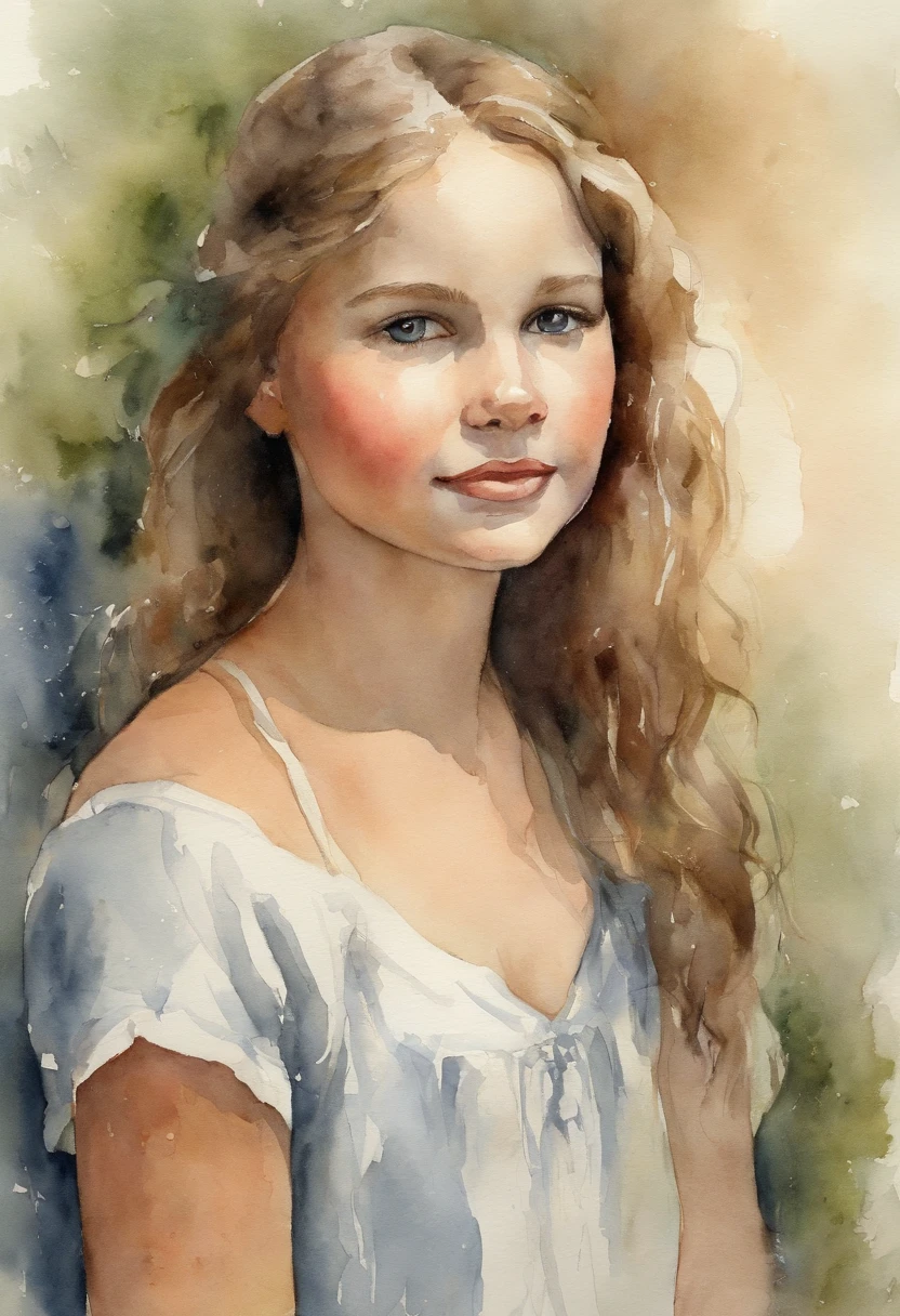 Young girl, Stacia Burlington style, watercolor, soft color, Serene face, close-up, Vintage images