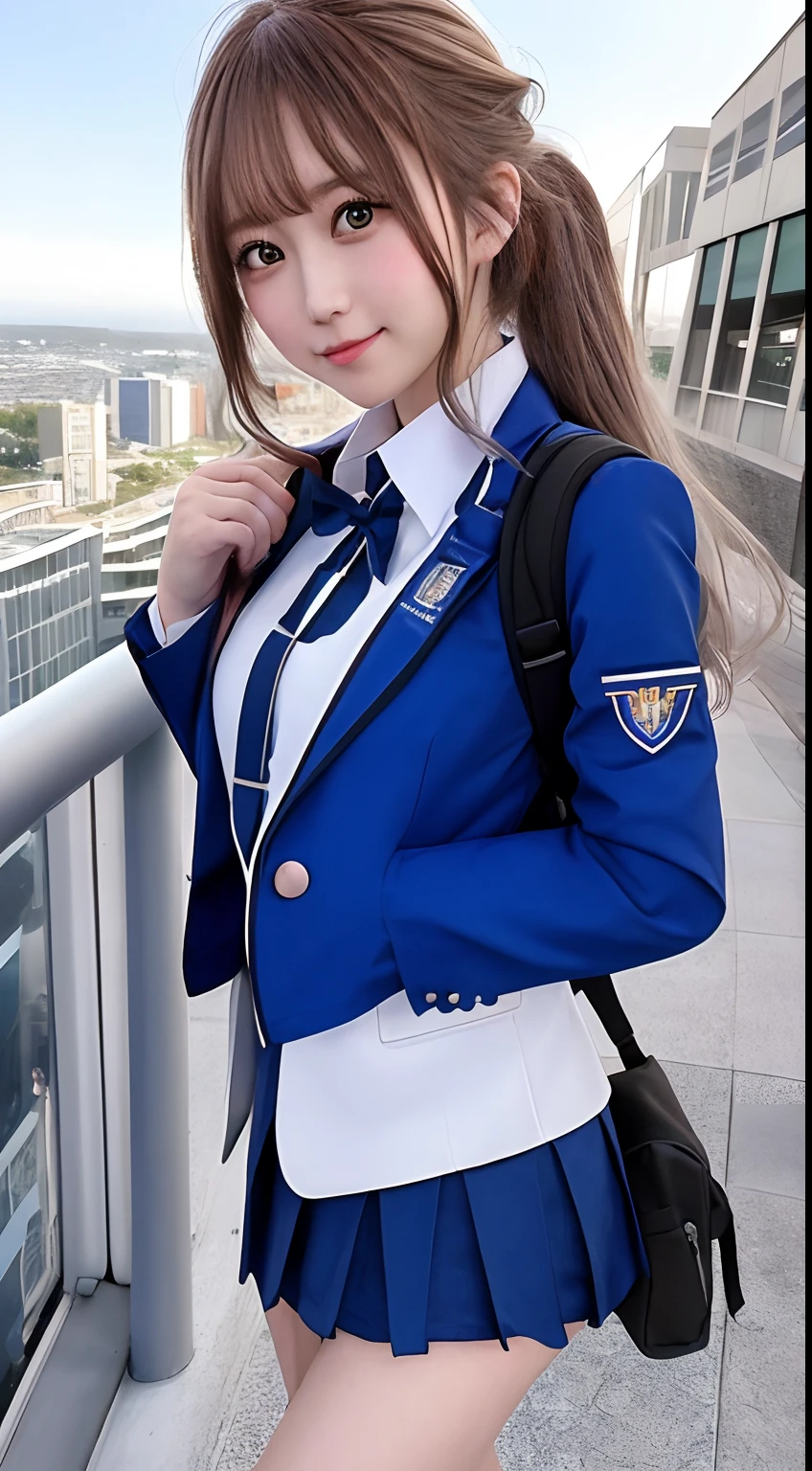 masterpiece, best quality, impressonism,1girl, solo,cyber suit school uniform,smile,blue sky,mecha school bag,future city,magnificent view,fling car,monorail,dynamic angle, dutch angle,portcity,in street,{{masterpiece}}, {{best quality}}, {{ultra-detailed}}, {{disheveled hair}},{extr covered cityemely detailed CG unity 8k wallpaper},{{{game character cg SSR}}}