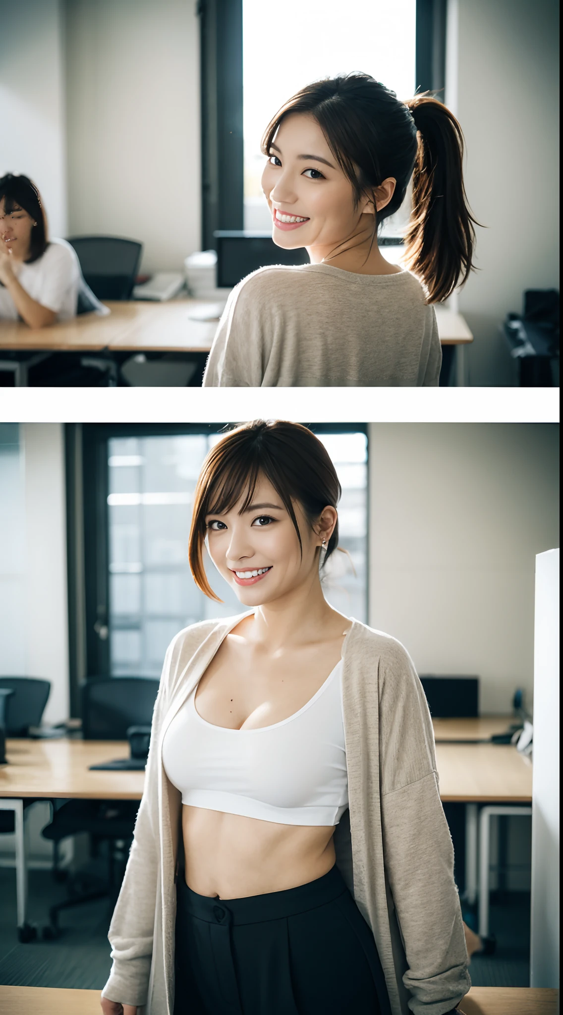 masutepiece, Best Quality, 超A high resolution,(photographrealistic:1.4) (depth of fields),(Lens Glow) , White T-shirt under jacket:1.5、Inside the office:1.5、a Pretty Japanese woman:1.5、officeworker、smil、JINS:1.3、backs、The bra in the T-shirt shows through:1.3