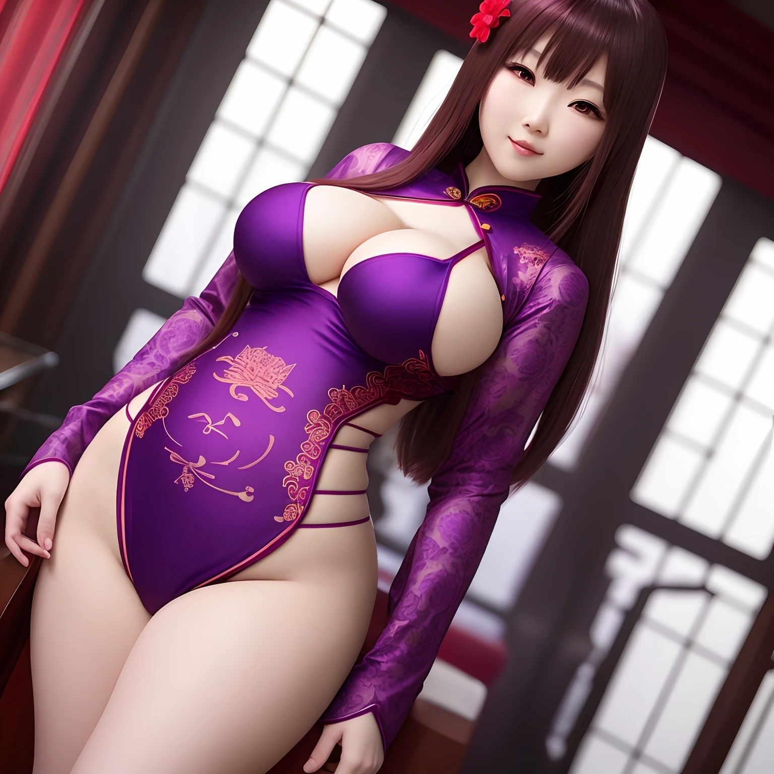 Beautuful Women,Red-purple cheongsam,woman,choppy,anime big breast,Body proportions,full bodyesbian,