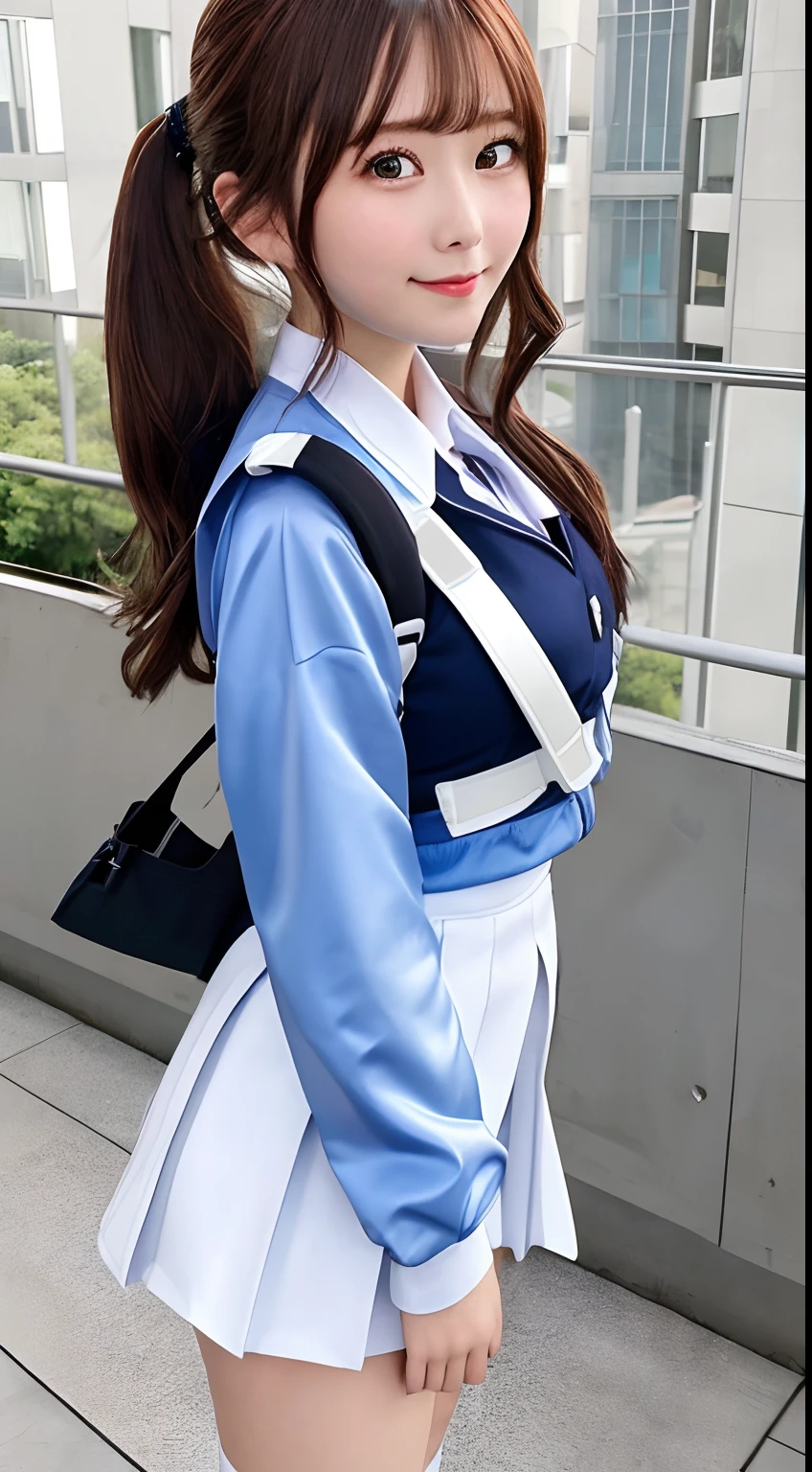 masterpiece, best quality, impressonism,1girl, solo,cyber suit school uniform,smile,blue sky,mecha school bag,future city,magnificent view,fling car,monorail,dynamic angle, dutch angle,portcity,in street,{{masterpiece}}, {{best quality}}, {{ultra-detailed}}, {{disheveled hair}},{extr covered cityemely detailed CG unity 8k wallpaper},{{{game character cg SSR}}}