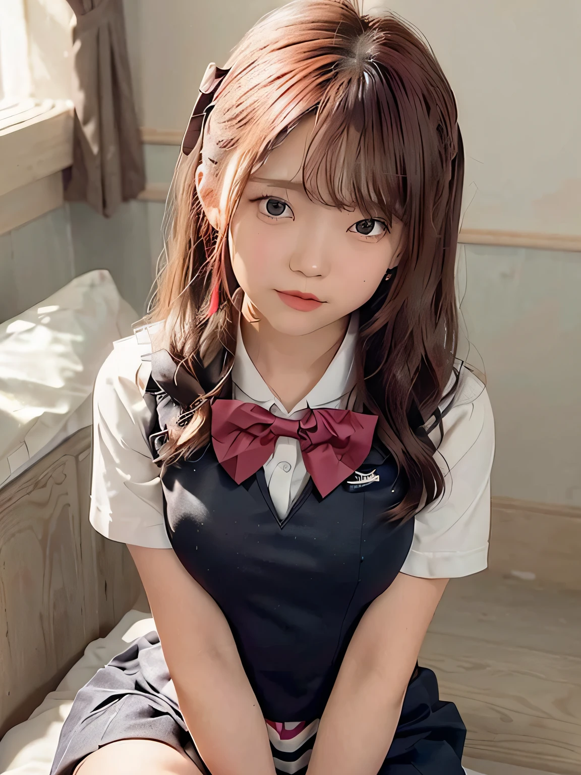 Twintail hairstyles, (masutepiece, Best Quality:1.2), From  above, 8K, Official art, Raw photo, unbelievable Ridiculous, (Upper body, (Sailor Uniform), serafuku, Sitting:1.4), Beautiful Girl, Idol face, arching back down, Pleated skirt,large full breasts:1.5、 thighs thighs thighs thighs, close up, (School uniform), Short sleeve, gardenia, violaceaess, Teen, crass room, Looking at Viewer, No makeup, Film grain, chromatic abberation, Sharp Focus, face lights, Dynamic lighting, Cinematic lighting, Detailed face, Bokeh background, (Dark red bow tie:1.3)、Botanical Garden、