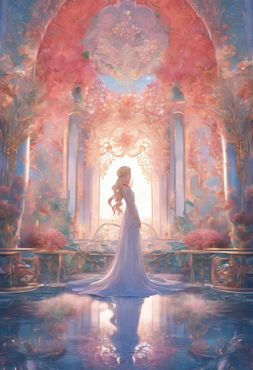Virtual scene design, coral art installation above the blue ocean, galvanized fiberglass with rainbow gradient, surreal visual representation, magnificent architecture, unique, intricate, exquisite details,(blender, oc rendering, natural light, ray tracing, 8K)Horikiri Nagisa a long grayish white haired with his hair in cute twin tails flat chested beautiful boy who isn't entirely comfortable with modeling cute feminine clothes for his sister but is okay with it despite feeling a bit emasculated, Masterpiece,Best quality,