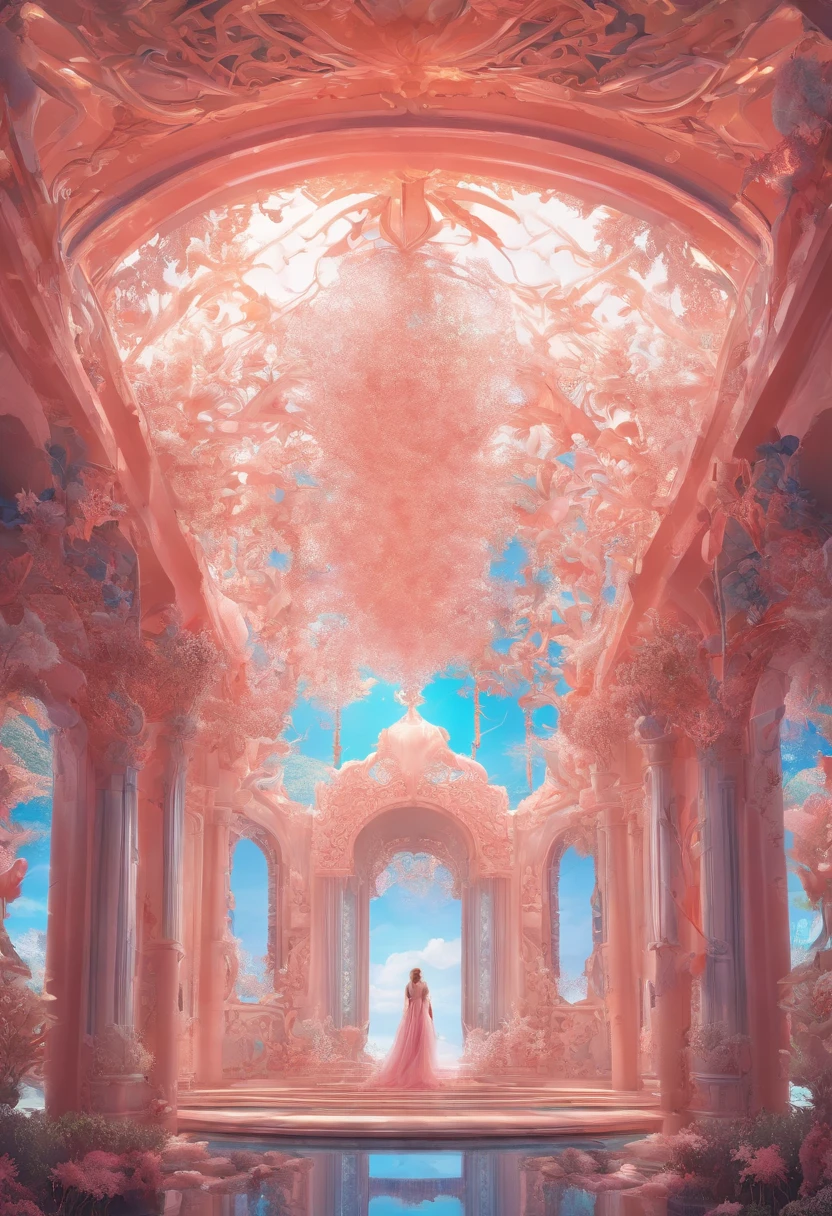 Virtual scene design, coral art installation above the blue ocean, galvanized fiberglass with rainbow gradient, surreal visual representation, magnificent architecture, unique, intricate, exquisite details,（blender, oc rendering, natural light, ray tracing, 8K）Horikiri Nagisa a long grayish white haired with his hair in cute twin tails flat chested beautiful boy who isn't entirely comfortable with modeling cute feminine clothes for his little sister but is okay with it despite feeling a bit emasculated, Masterpiece,Best quality,