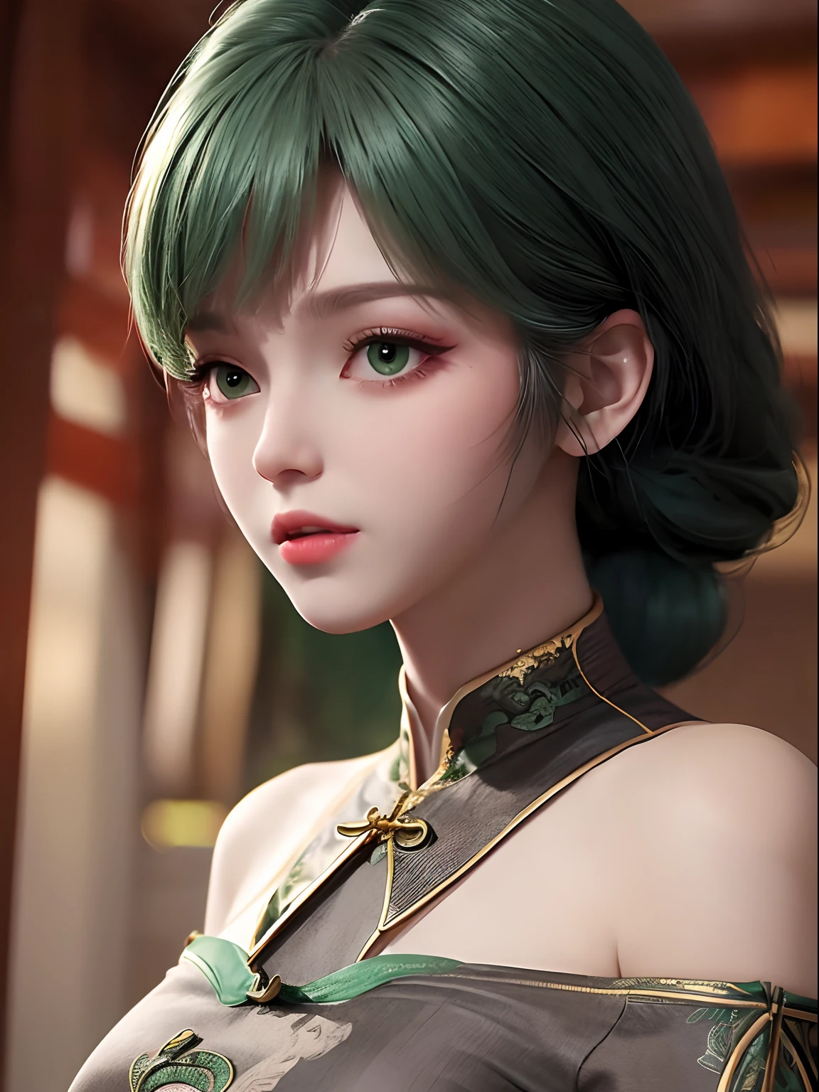 best quality, masterpiece, ultra high res, (photorealistic:1.4), 1girl, off-shoulder shirt, ((traditional chinese dress:1)), black choker, (faded ash gray hair:1), (huge breasts:1.2), looking at viewer, closeup,, Green hair,