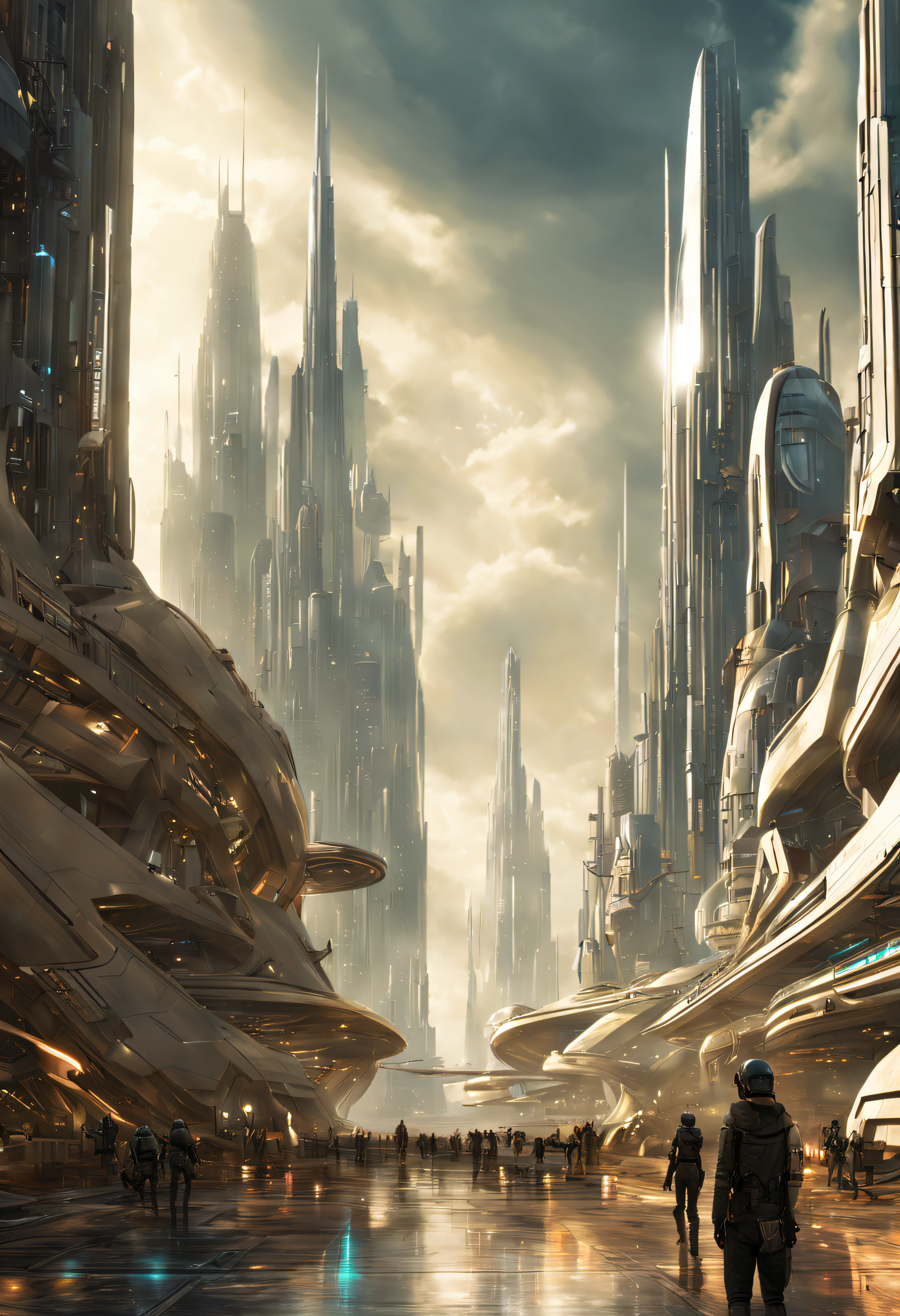 On an unknown planet there is a futuristic city with immense buildings of technological design que forman una infinita avenida, con estructuras acristaladas en plata, oro y bronce espectaculares en la que sobrevive un robot femenino espectacular. con colores vivos. pavimento ensolado. gente paseando. cierto aire a coruscant. imagen bien definida.
