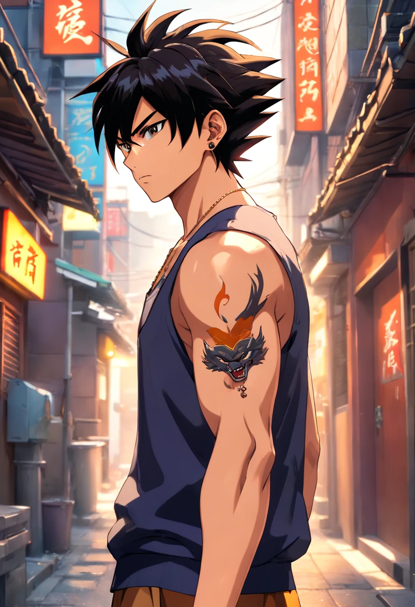 (best quality,4k,highres,masterpiece:1.2),ultra-detailed,(realistic,photo-realistic:1.37),male,Dragon Ball,Son Goku wearing a black tank top with tattoos on his arm and sunglasses on his face,mafia environment,physically-based rendering,stubble,sharp focus,detailed facial features,strong physique,handsome,intense gaze,emotionally charged,powerful aura,yakuza-inspired tattoos,confident posture,dynamic stance,fierce expression,dragon emblem on his shirt,golden earrings,powerful energy,surrounded by a gritty urban backdrop,dimly lit alley,vivid colors,contrast of light and shadow