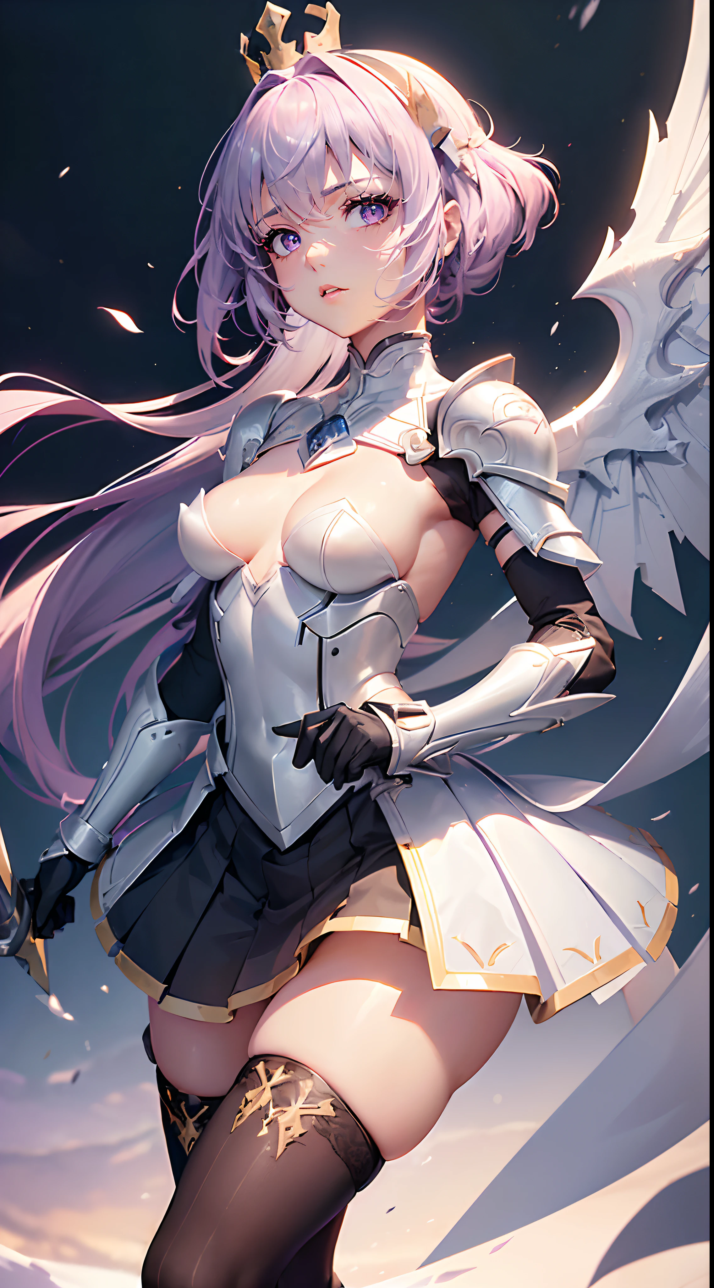style of anime,Mecha Warlord type,(High-quality characters:1.2),(4K:1.2),(Best quality at best:1.2),(hight contrast:1.2),(the sideview:1.2),(All-round light:1.2),(Close-up close-up:1.3),(Sky city background:1.2),(The complexion is very fair:1.3),(Girl body type:1:2),(1个Giant Breast Girl:1.2),(Thin leg:1.2),(Small chest Thin waist:1.2),(Small breasts:1.3),(Raised :1:2),(Exquisite facial features:1.2),(Purple pupils:1.2),(Cool and beautiful makeup:1.2),(A radiant face:1.2),(sophisticated haircut:1.2),(Hair with a lilac gradient and black stripes:1.3),(Pale pink waist-length hair:1.2),(Shape-shaping textured armor armor:1.3),(Pleated battle skirt:1.3),(White textured over-the-knee heeled boots 1.3),(A long blade of ice hanging from the waist:1.2),(Long gloves in white steel texture:1.2),(Patterned gloves and waist-length stockings:1.3),(White striped wrist and elbow armor and waist armor and leg and knee armor:1.2),(Crown of ice on the head and halo of fire:1.2),(Black transparent shoulder armor and battle robe:1.2),(Light wings on the back:1.2),(The face is slightly red:1.2),(Open legs 1.3),