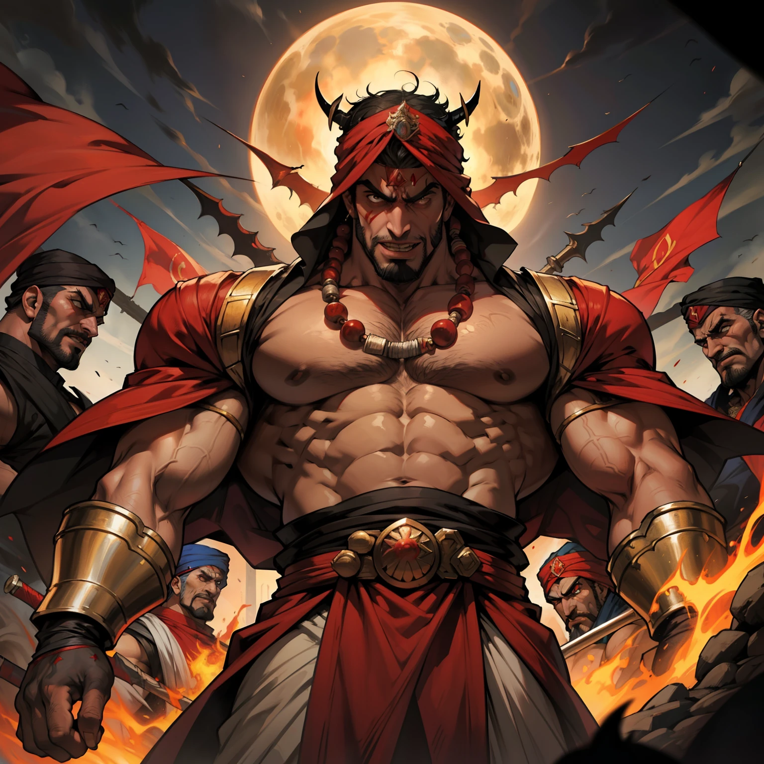 Lord Dracula with Red Turban Moroccan Arabic Wearing a Traditional Moroccan Islamic Environment Scary Face Hokuto No Ken Structure Muscular Face Kenshiro Leading the Troops Demon Army in Battle Details net moroccan Islamic environment hyper realistic super detailed