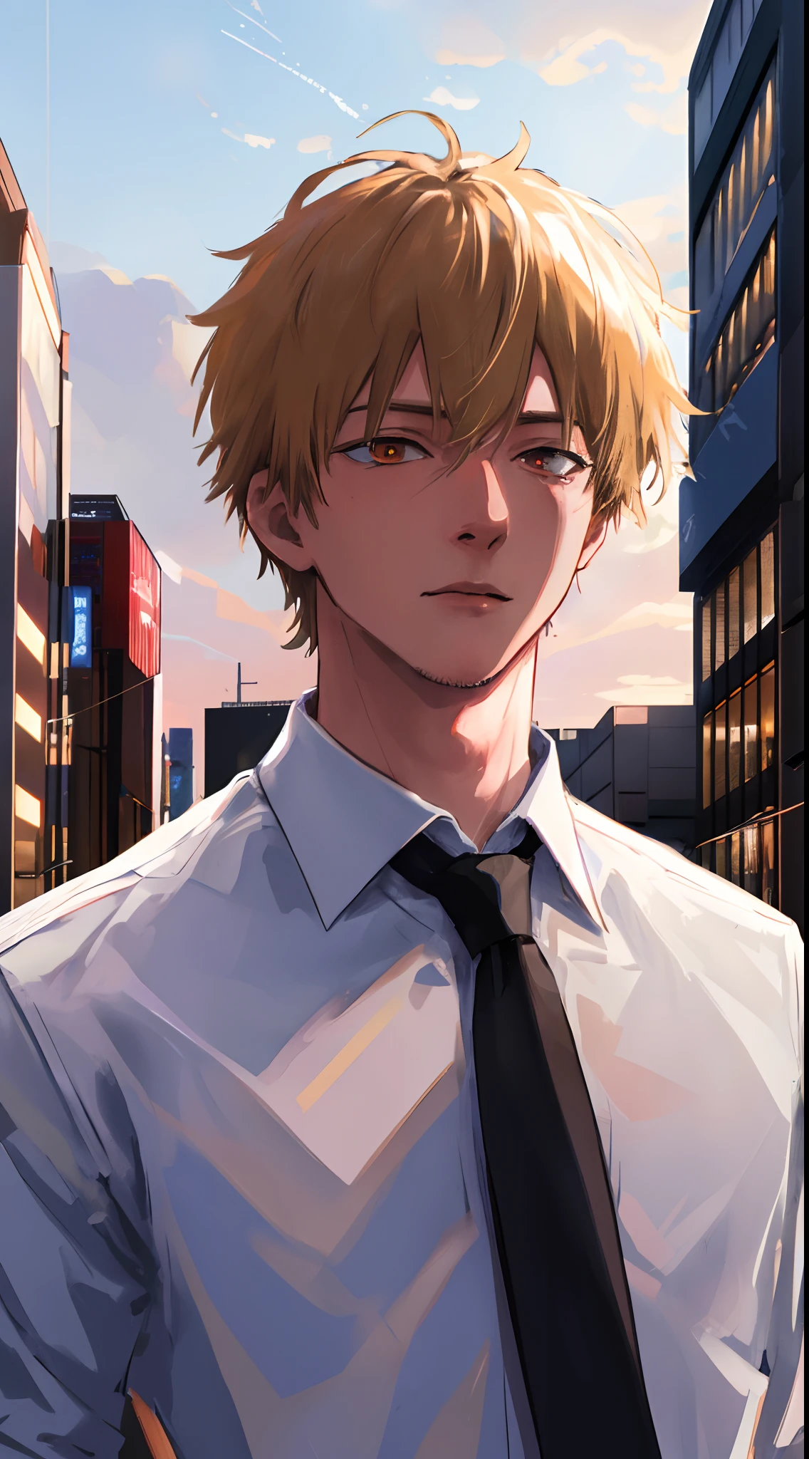 (absurdres, highres, ultra detailed, HDR), masterpiece, best quality, portrait, male focus, face focus, 1guy, Denji, solo, handsome, blonde hair, brown eyes, glowing eyes, white office shirt, black necktie, detailed face, detailed eye, detailed hair, detailed outfit, tokyo (city), city background, collapsed cityscape, luxurious, 8k, detailed, ray tracing, depth of field, cinematic lighting, looking at another, blue sky