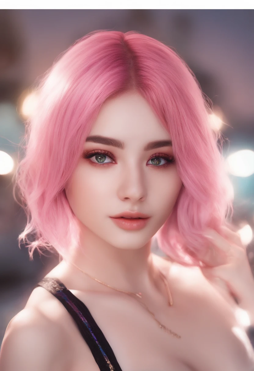 1 girl , pink hair , juisy style, blush , black eyes , glowing eyes