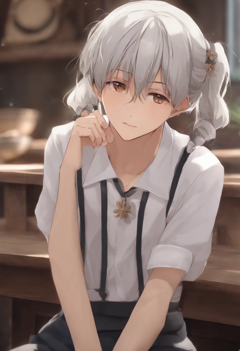 Horikiri Nagisa a long grayish white haired with his hair in cute twin tails flat chested beautiful boy who isn't entirely comfortable with modeling cute feminine clothes for his little sister but is okay with it despite feeling a bit emasculated, Masterpiece,Best quality,Looks disinterested, deadpan eyes