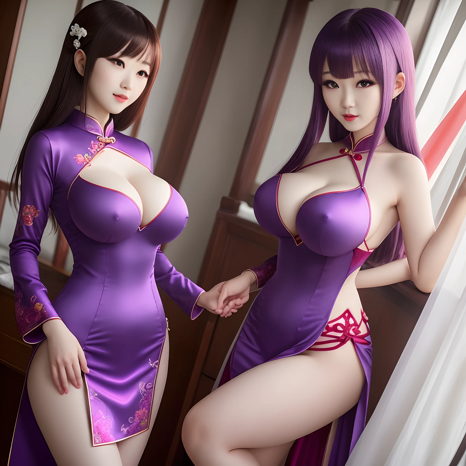 Beautuful Women,Red-purple cheongsam,woman,choppy,anime big breast,Body proportions,full bodyesbian,Lilac eyes