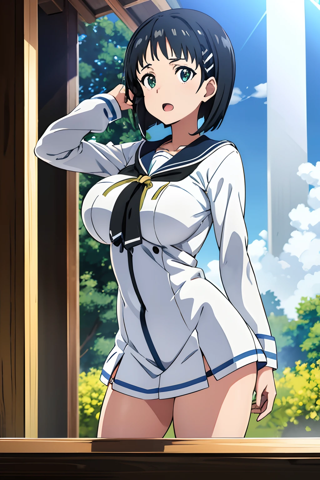 very huge tits,  white sailor uniform, , Naoha Kirigaya(sword art online), 1girl, bob hair, black hair, hairclip, ​masterpiece, green eyes, top-quality, A sexy、school、dynamic angle, view at camera, half body, open mouth,